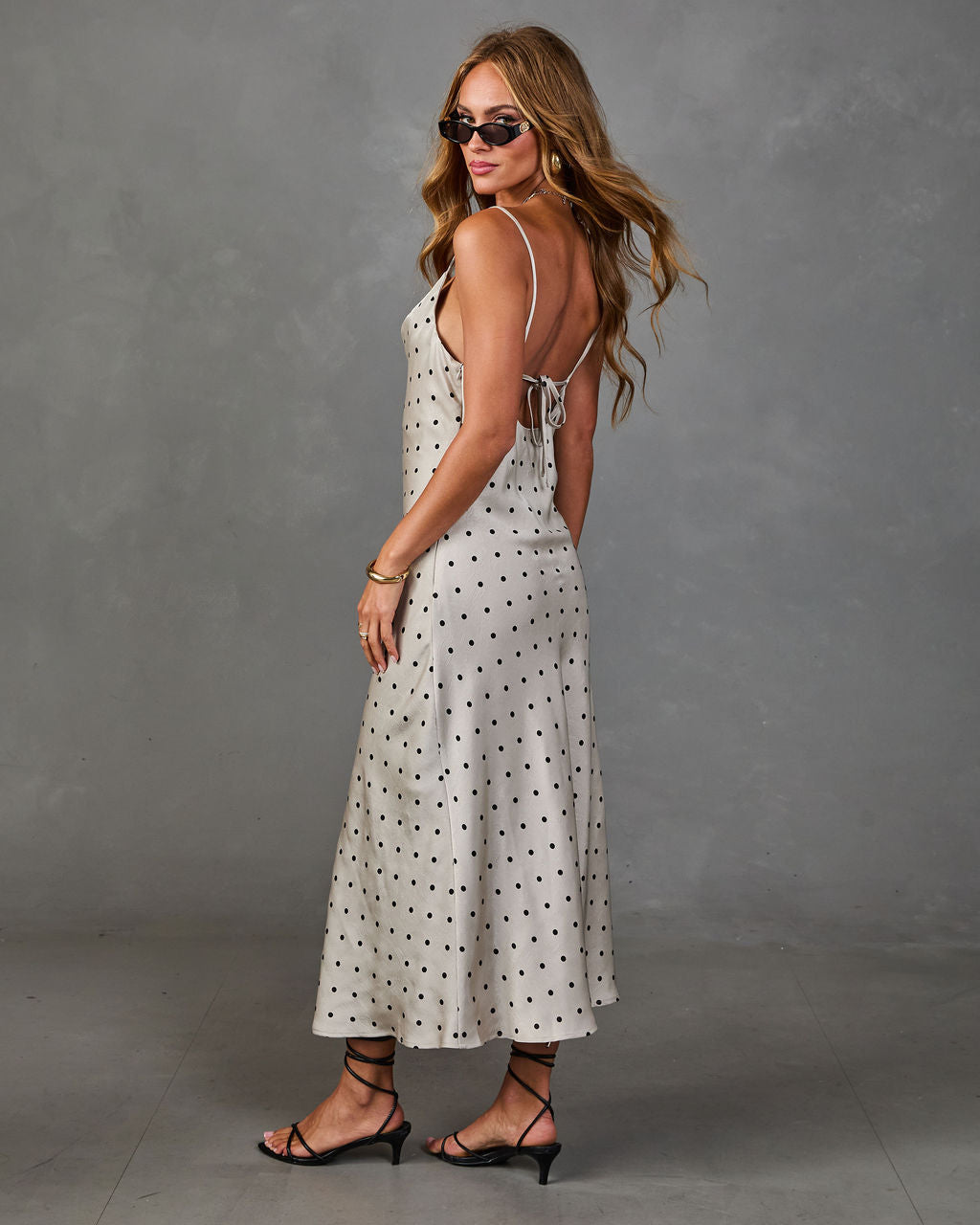 Gentle Arrival Satin Polka Dot Maxi Dress