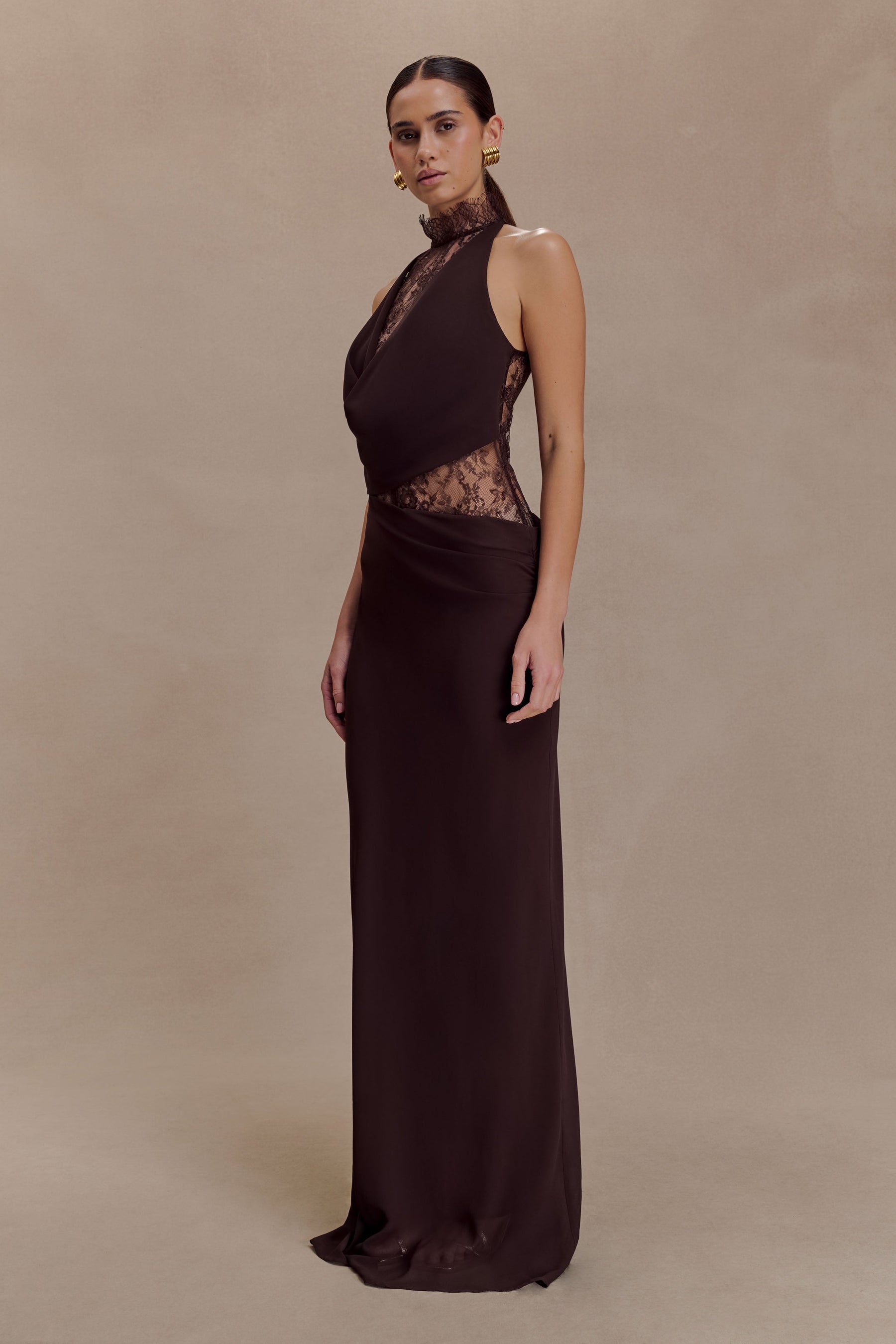 Arra Chiffon And Lace Halter Maxi Dress - Cacao Brown
