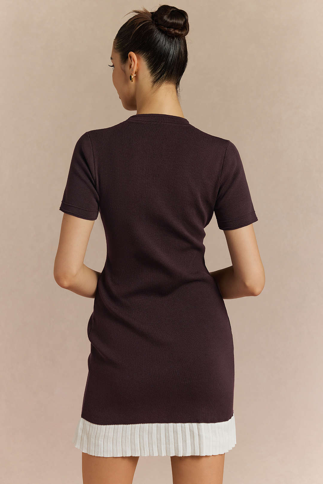 Contrast Round Neck Metallic Button Short Sleeve Mini Dress