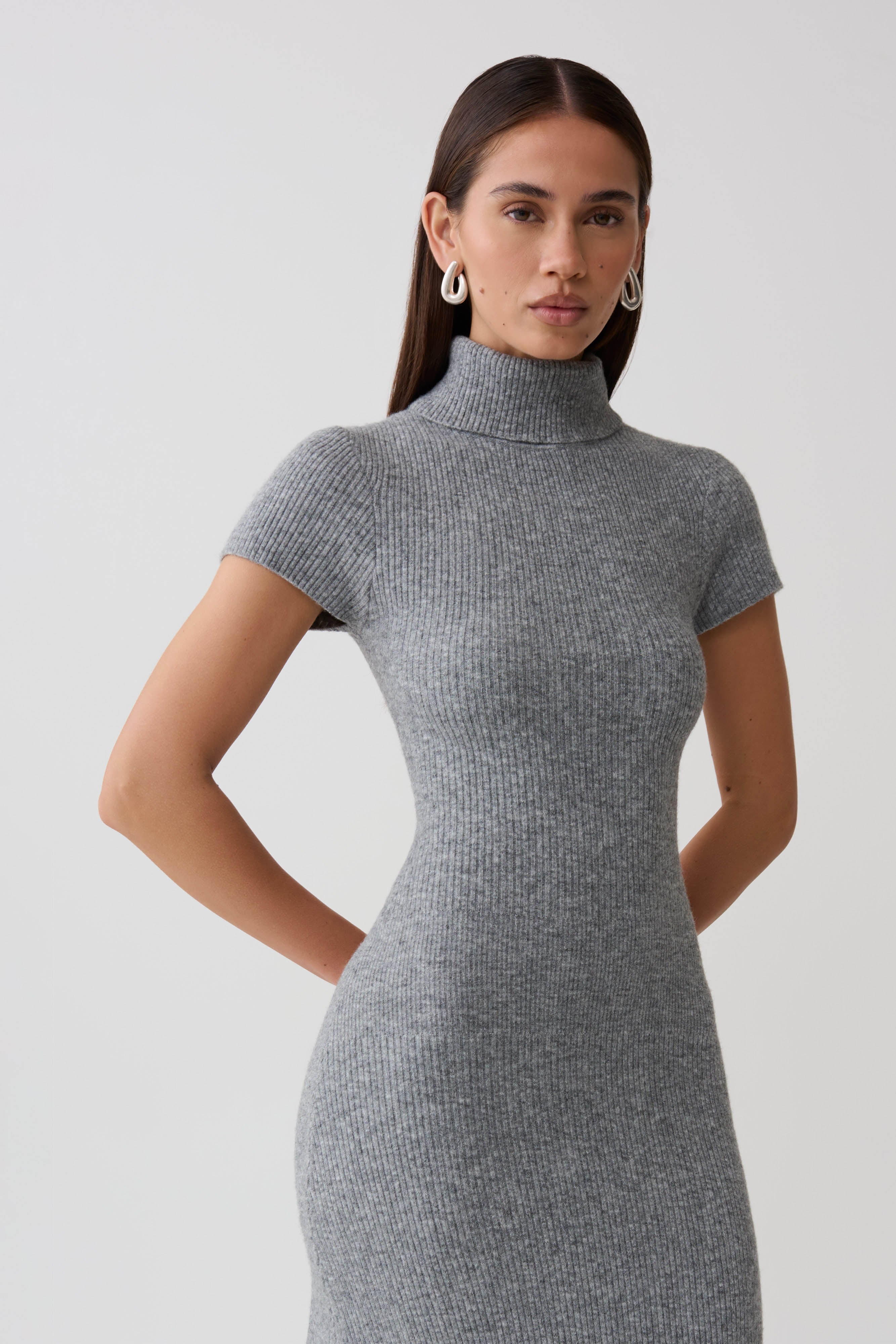 Goldie High Neck Knit Midi Dress - Grey Marle