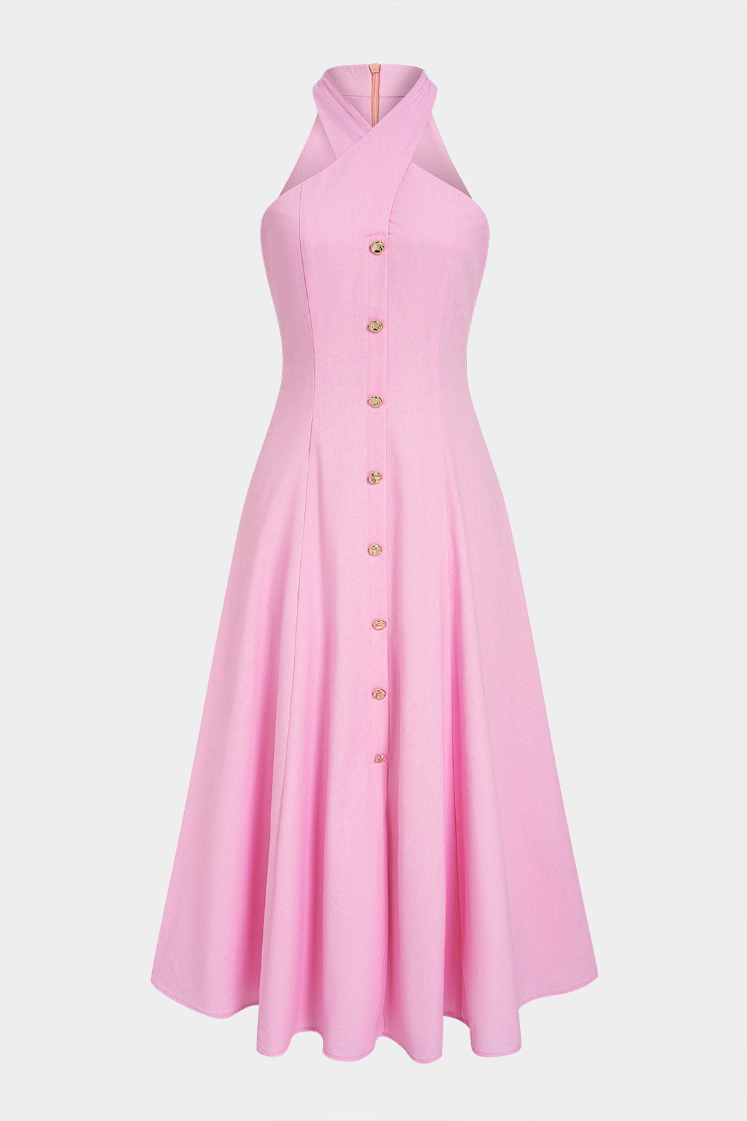Halter Neck Metallic Button Tie-Up Sleeveless Maxi Dress