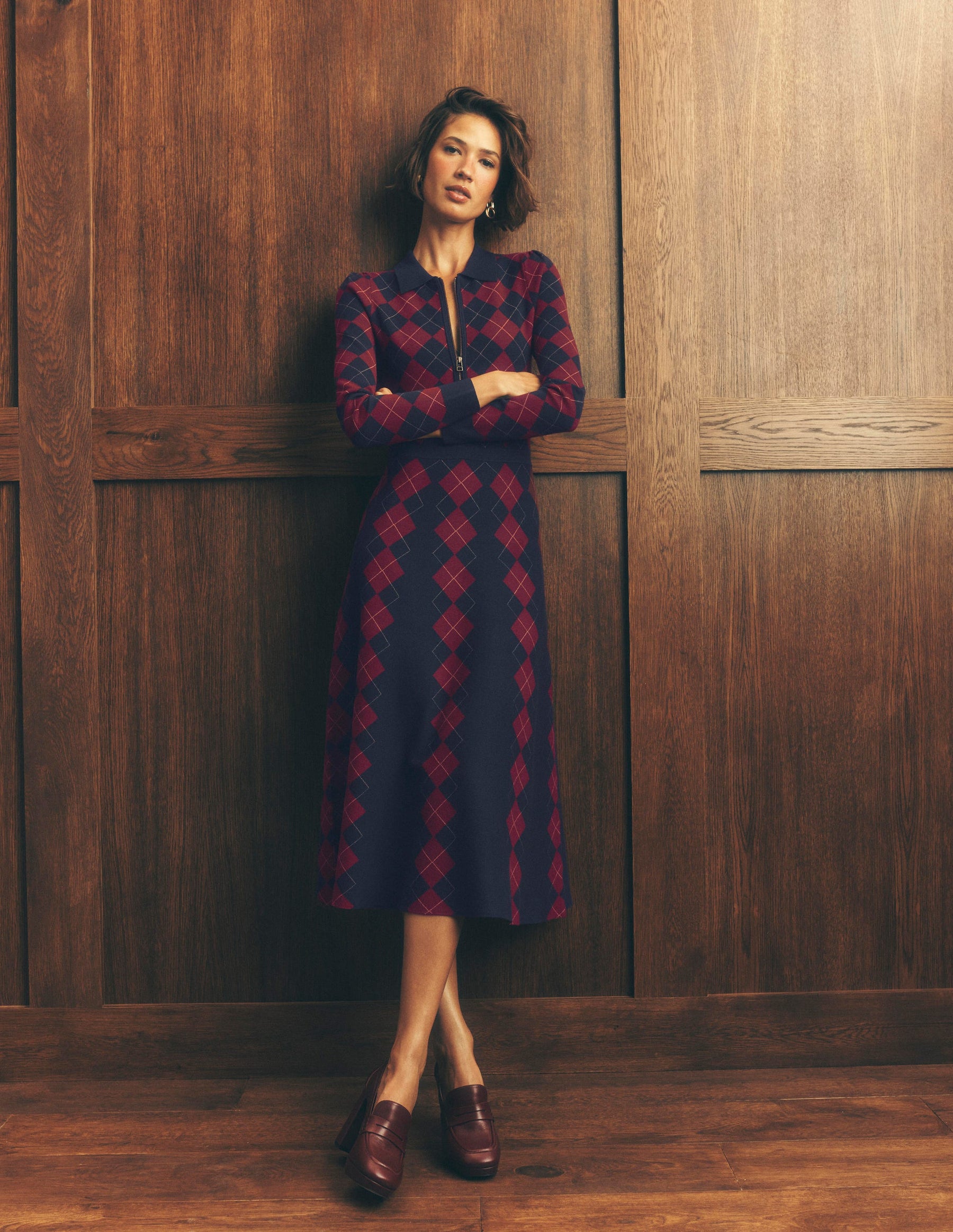 Fiona Zip Front Knitted Dress-Navy and Maroon Argyle
