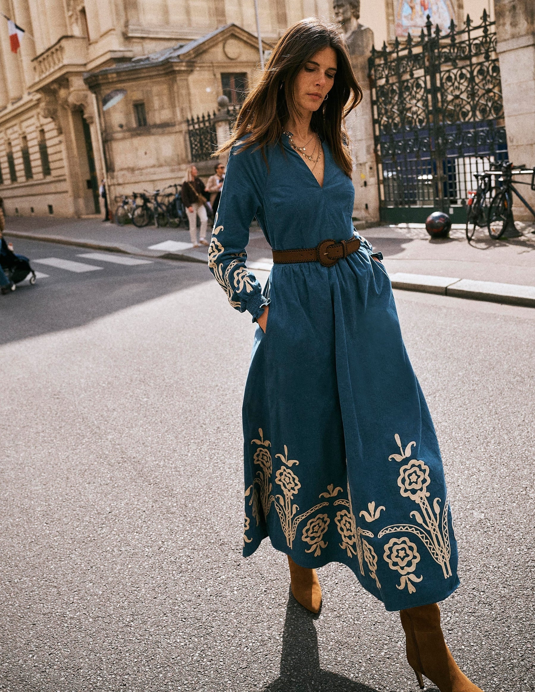 Smocked Cord Midi Dress-Storm Blue, Embroidery