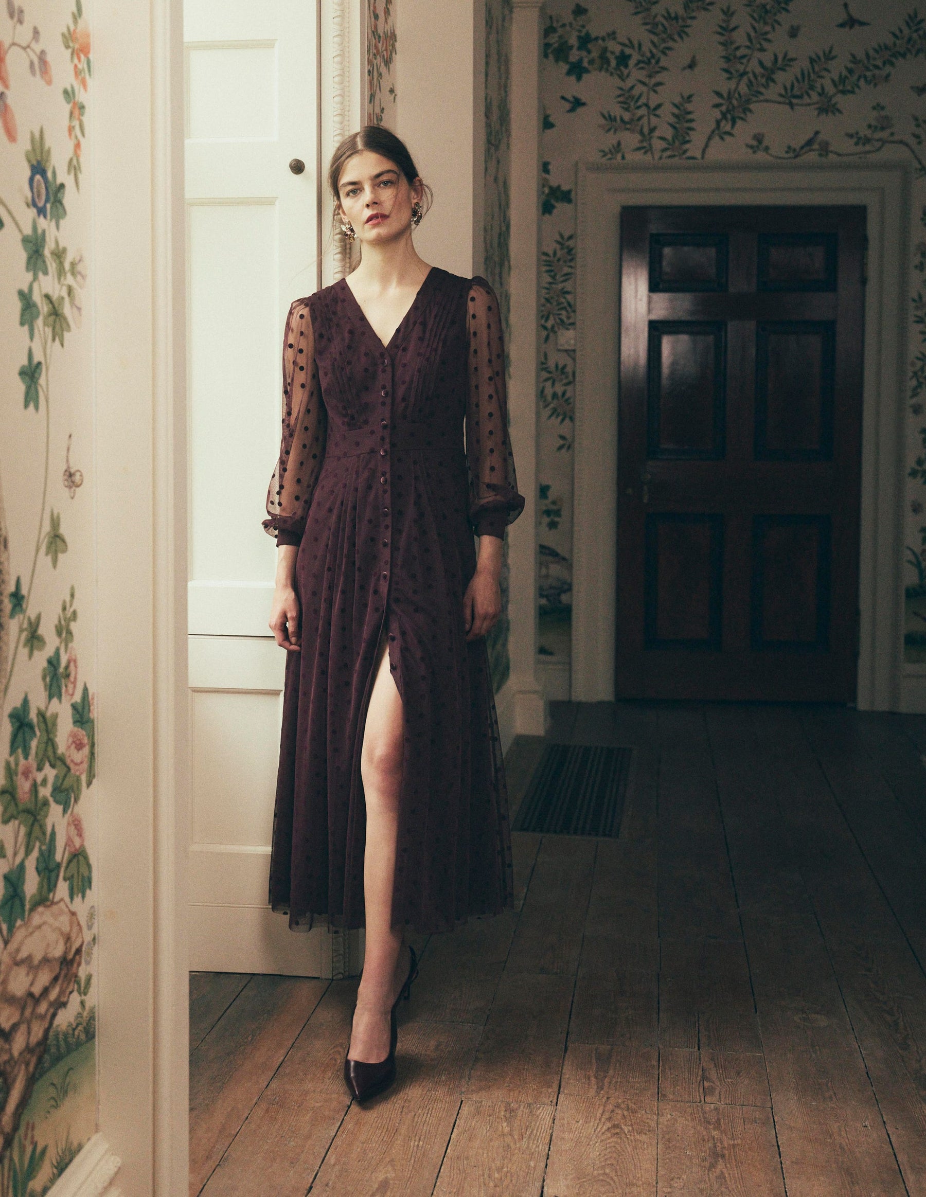 Pleated Tulle Midi Dress-Dark Cherry