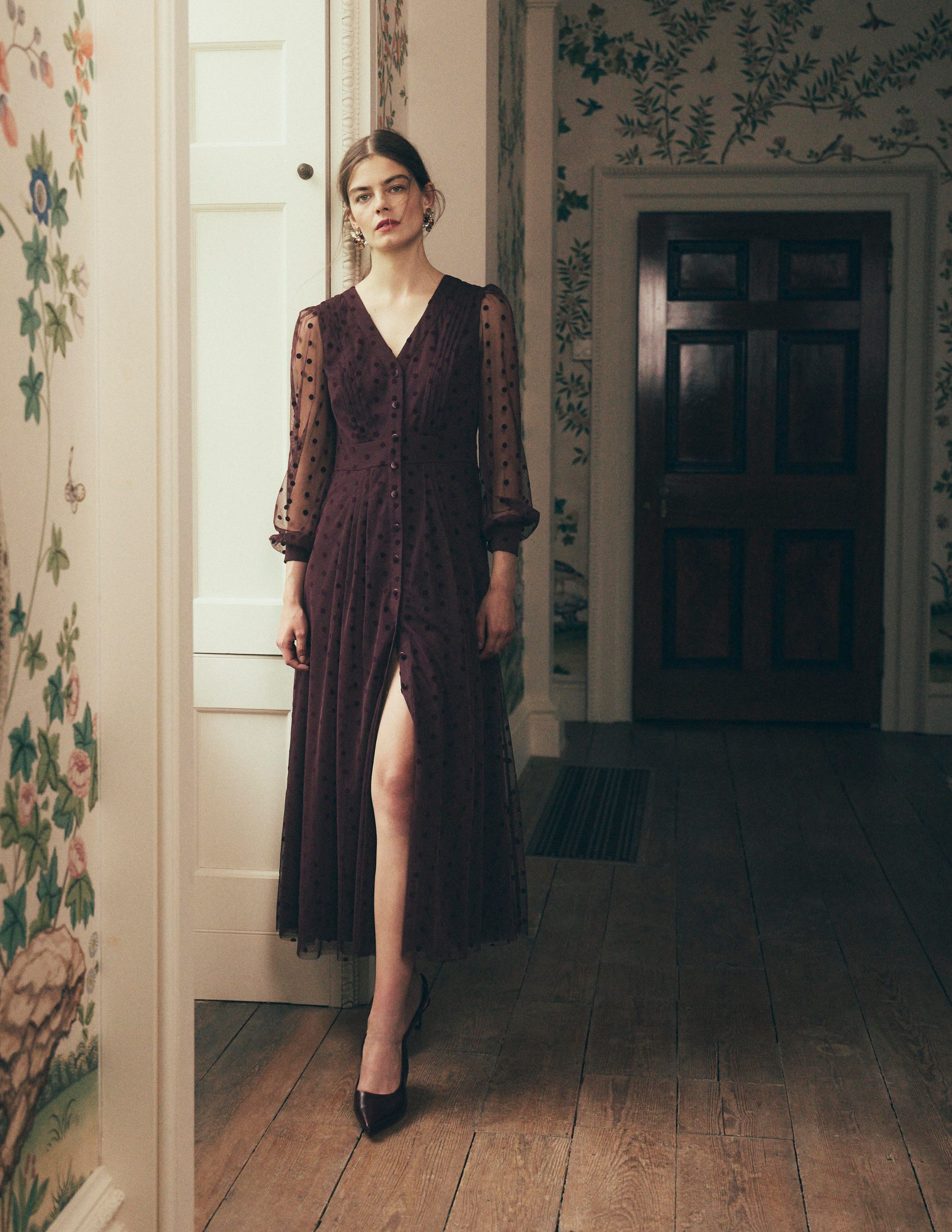 Pleated Tulle Midi Dress-Dark Cherry