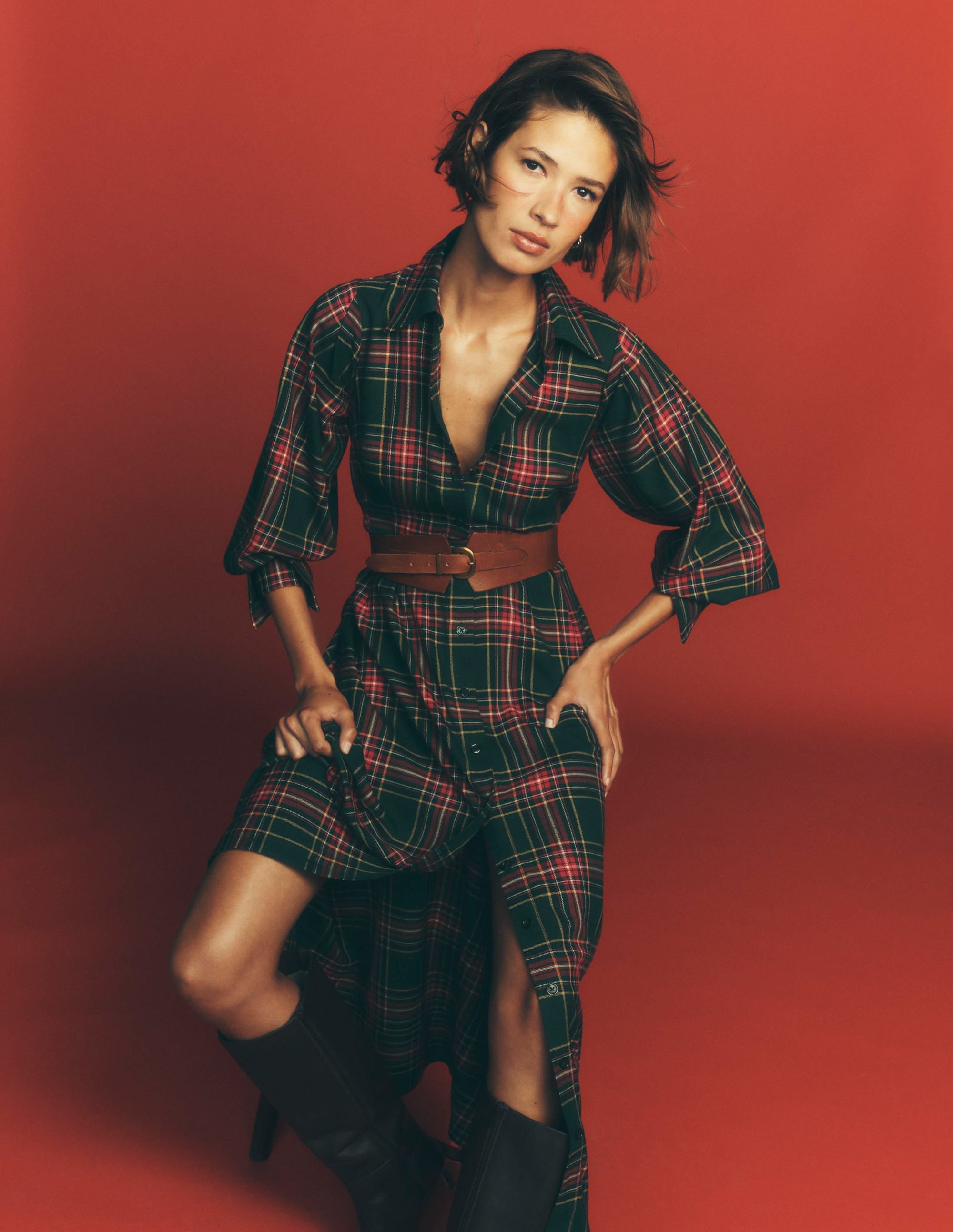 Maeve Check Midi Shirt Dress-Green, Navy and Red Check