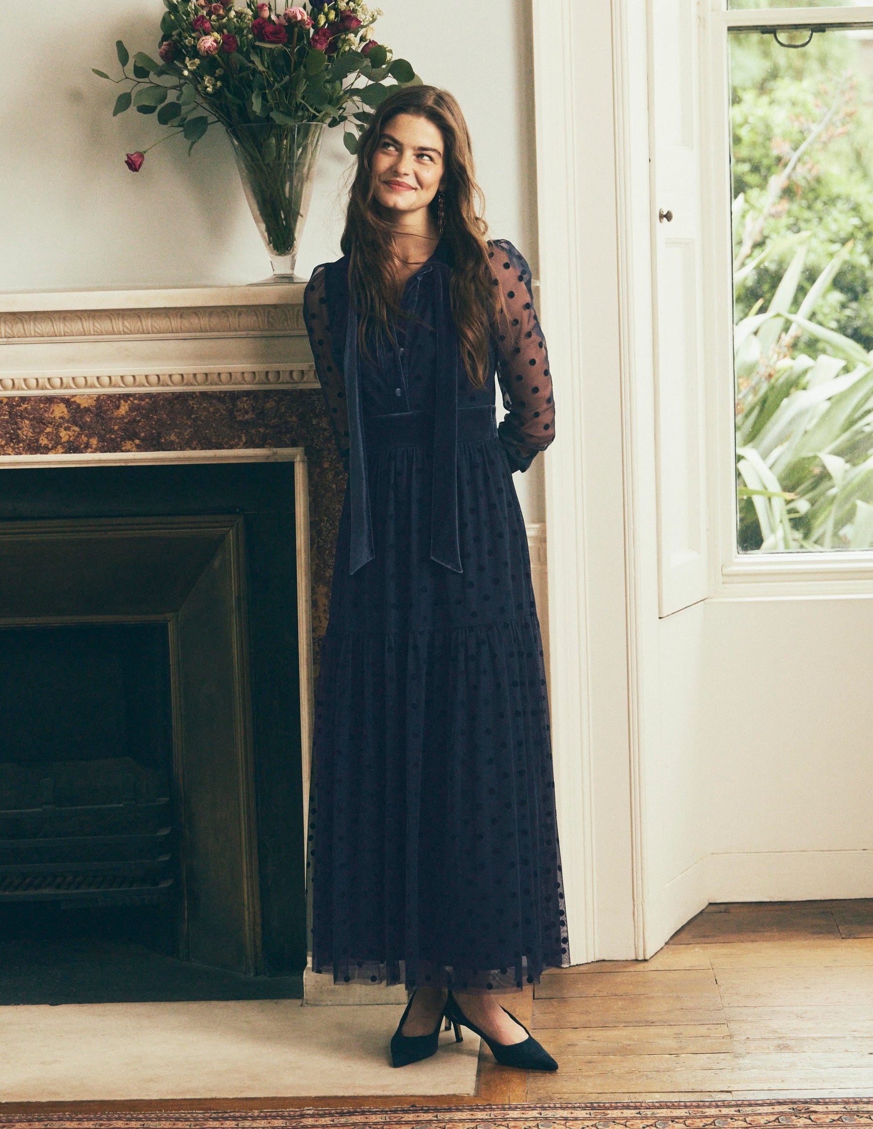 Tie Neck Tiered Tulle Dress-Navy