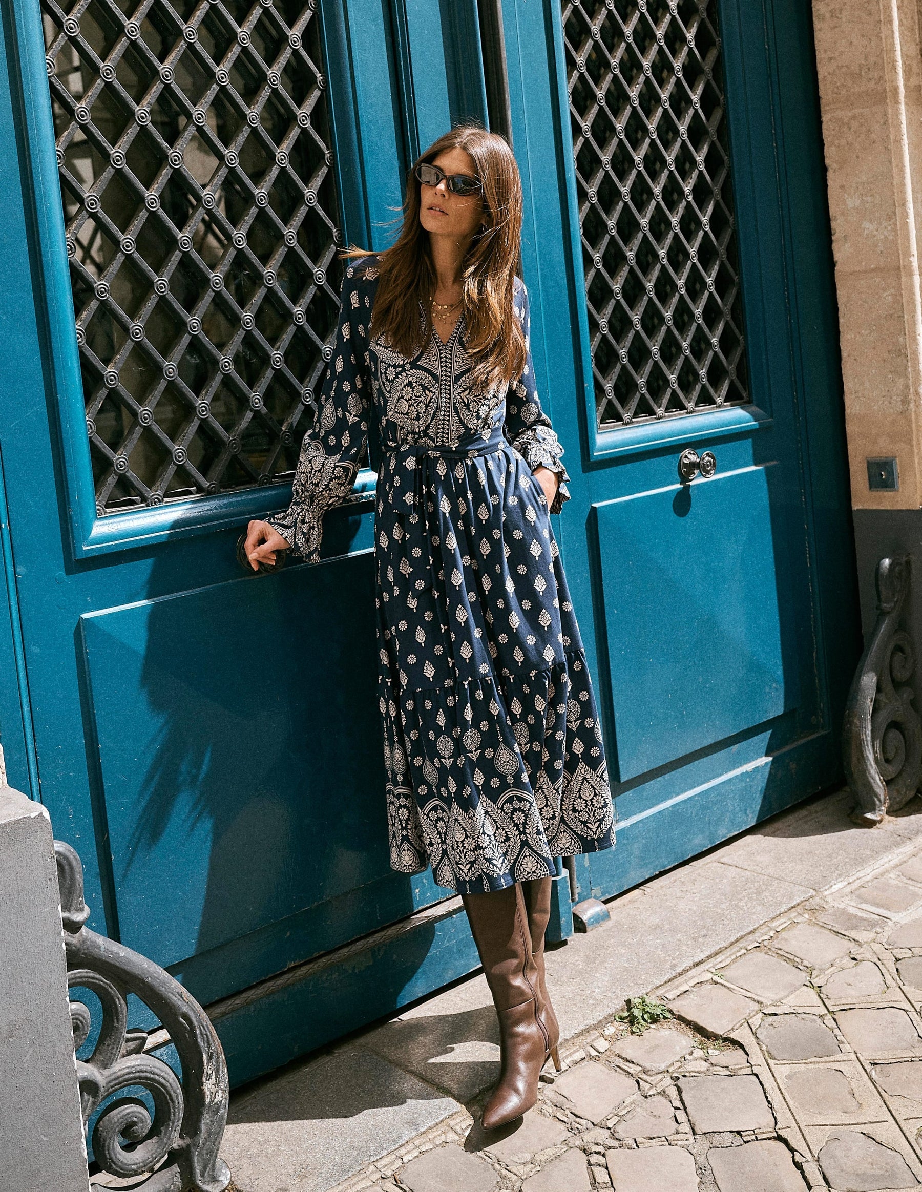 Blouson Tiered Jersey Dress-French Navy, Ornate Gardenia