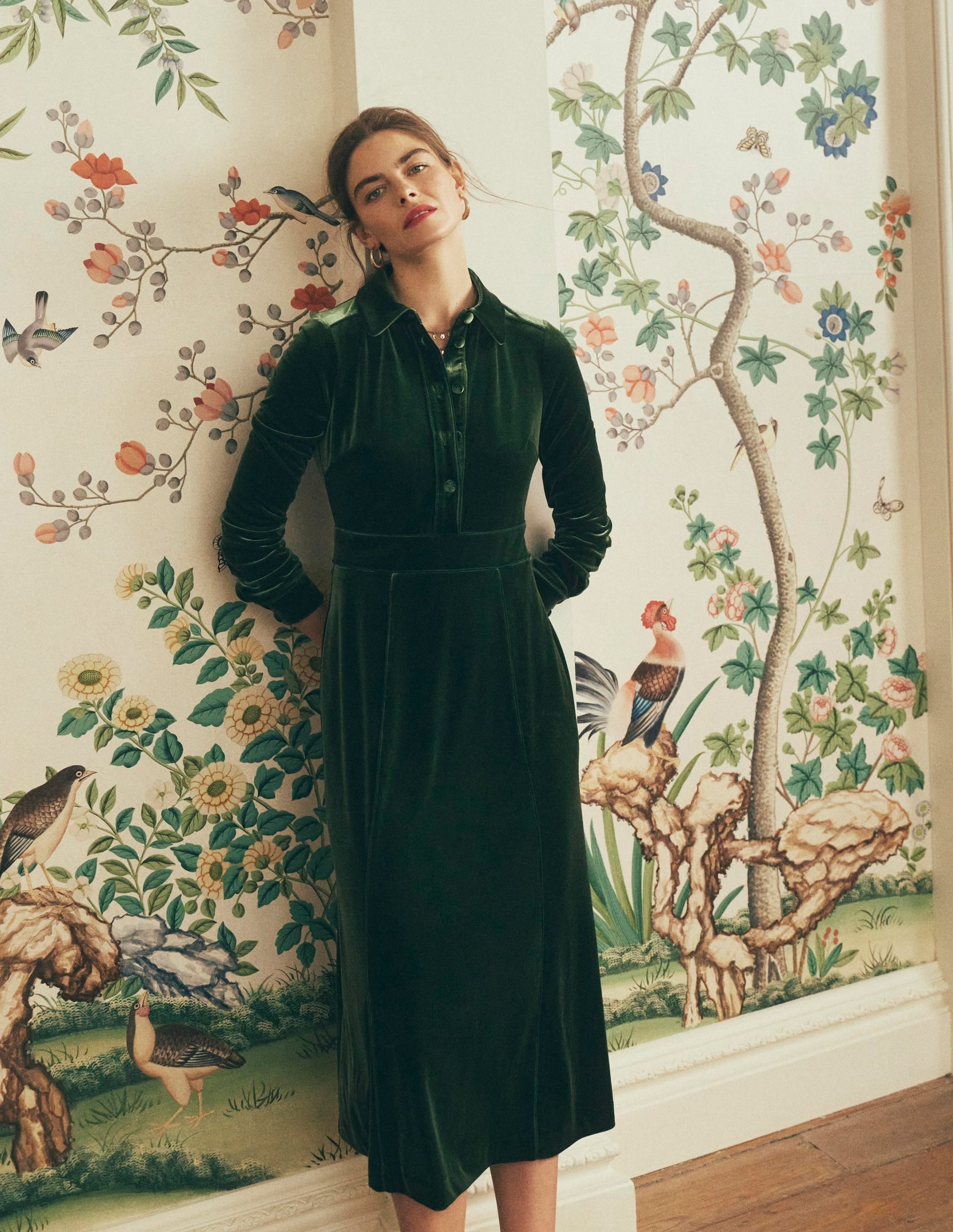 Etta Piping Velvet Dress-Douglas Fir