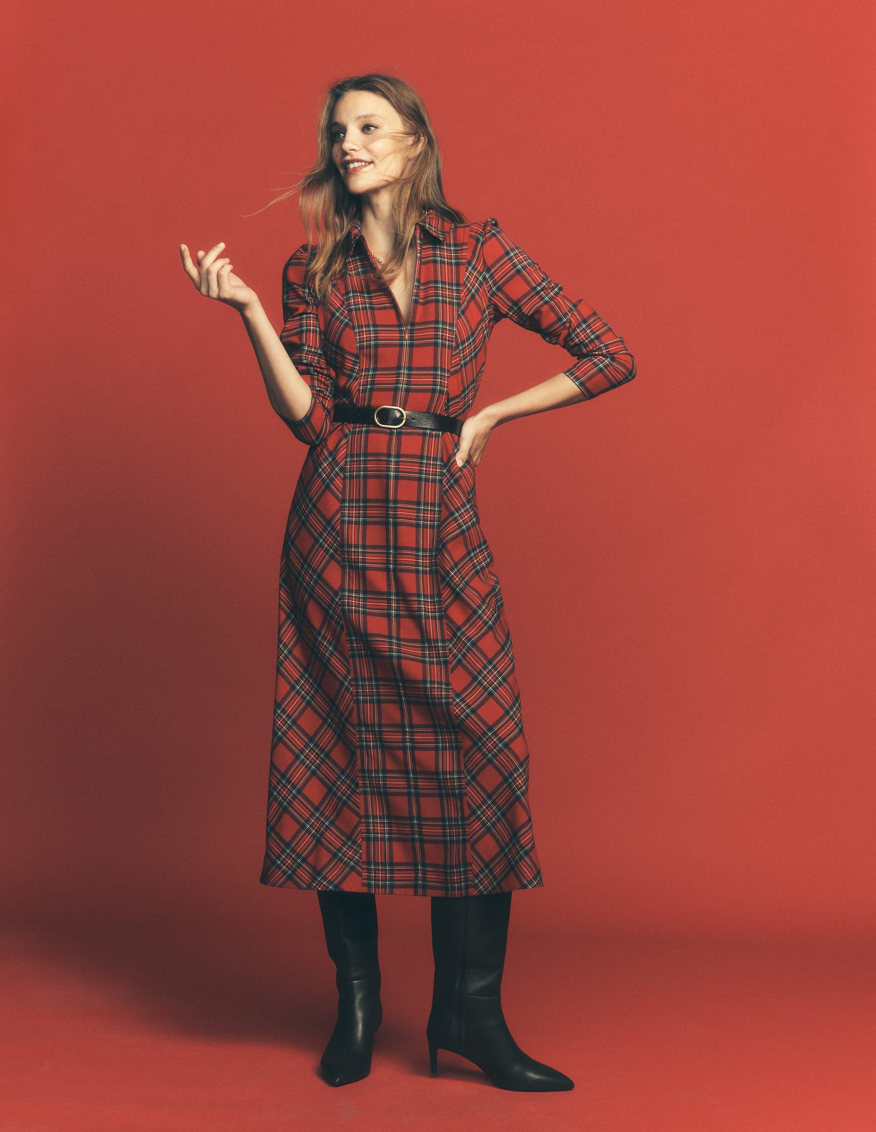 Una Collared Check Midi Dress-Red, Blue and Green Check