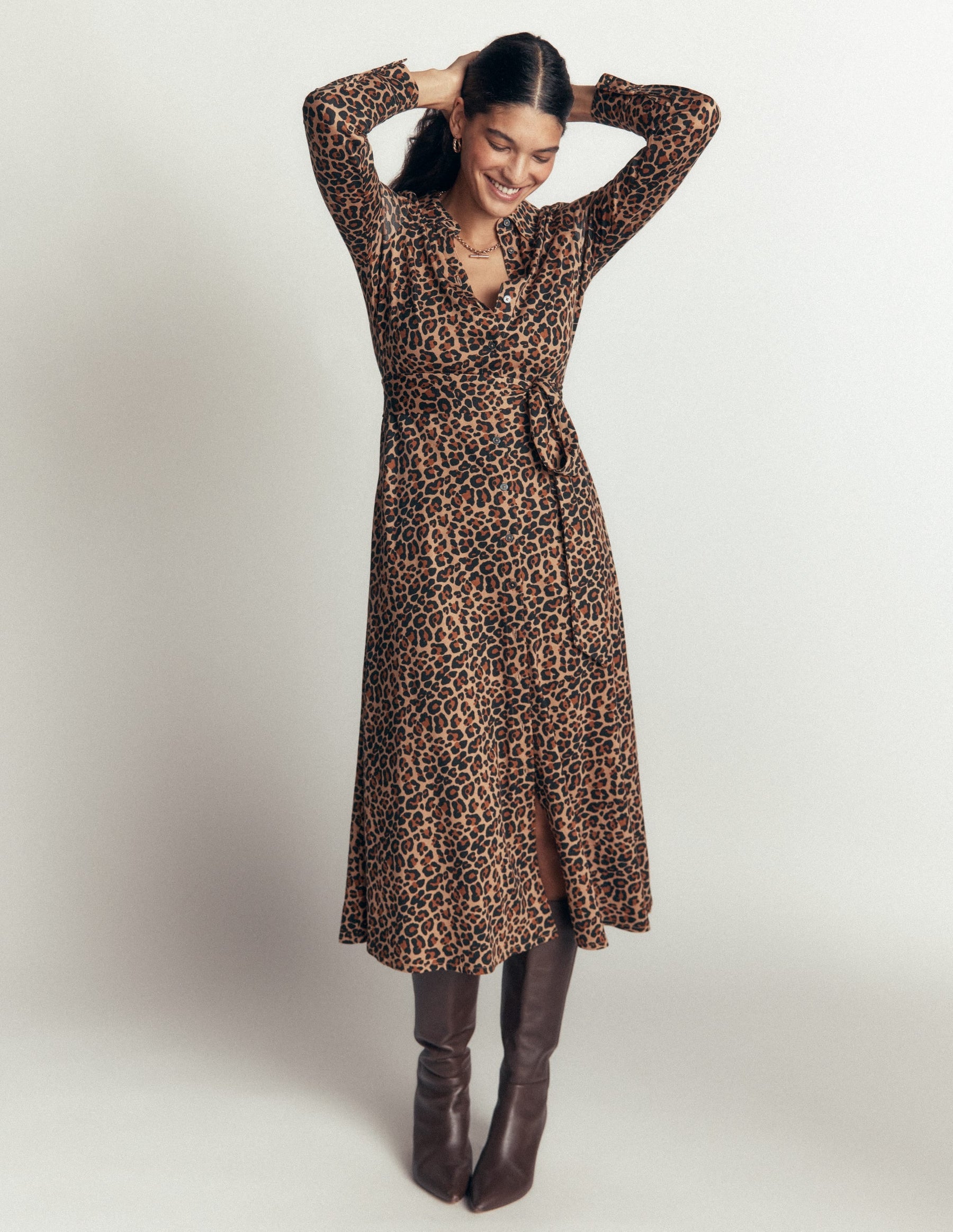Marcia Jersey Shirt Dress-Camel, Leopard Fields