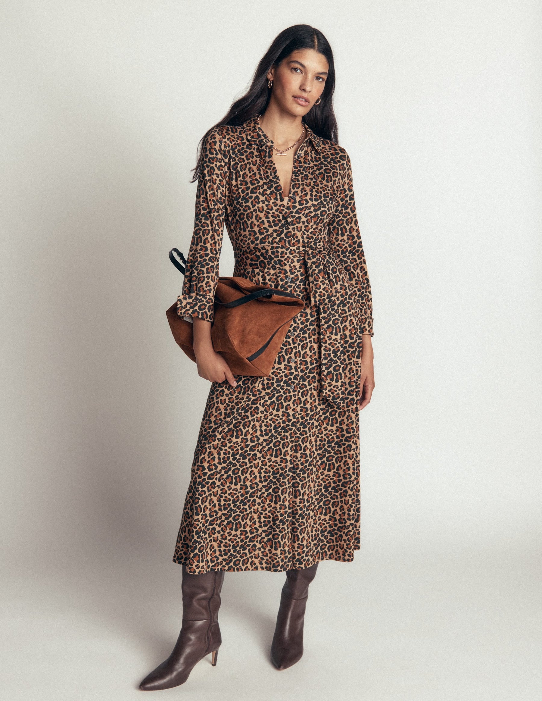 Marcia Jersey Shirt Dress-Camel, Leopard Fields