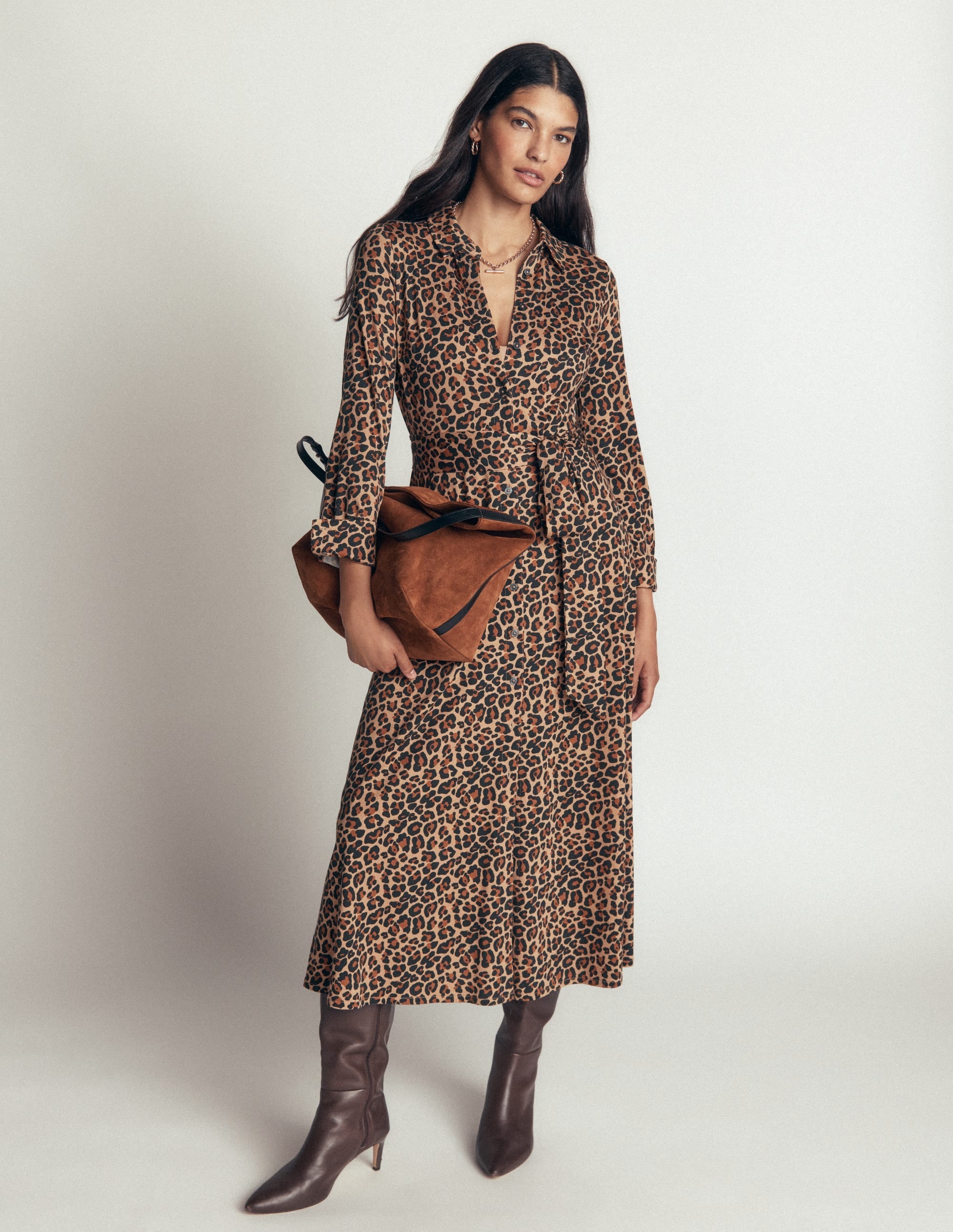 Marcia Jersey Shirt Dress-Camel, Leopard Fields
