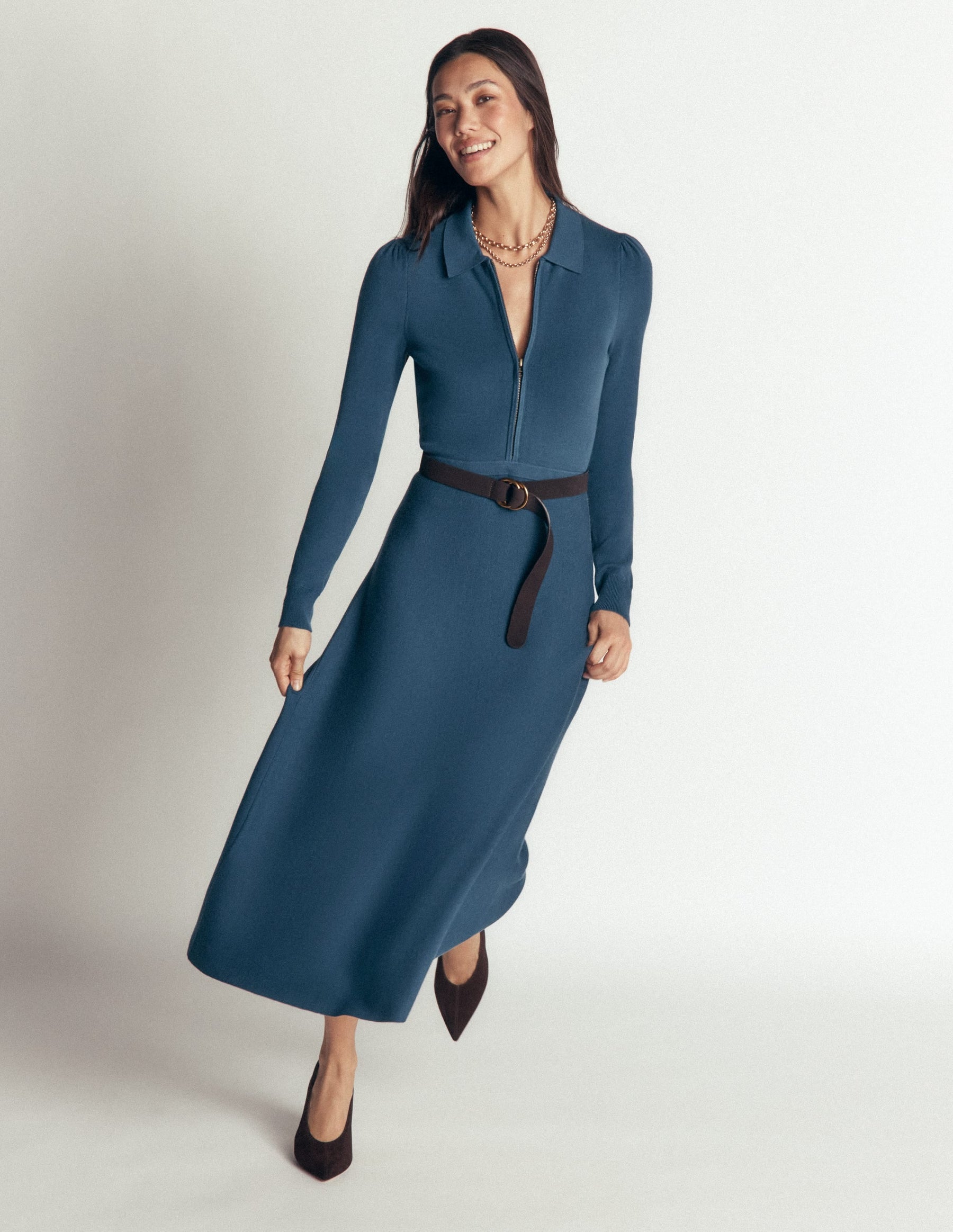 Fiona Zip Front Knitted Dress-Sailor Blue