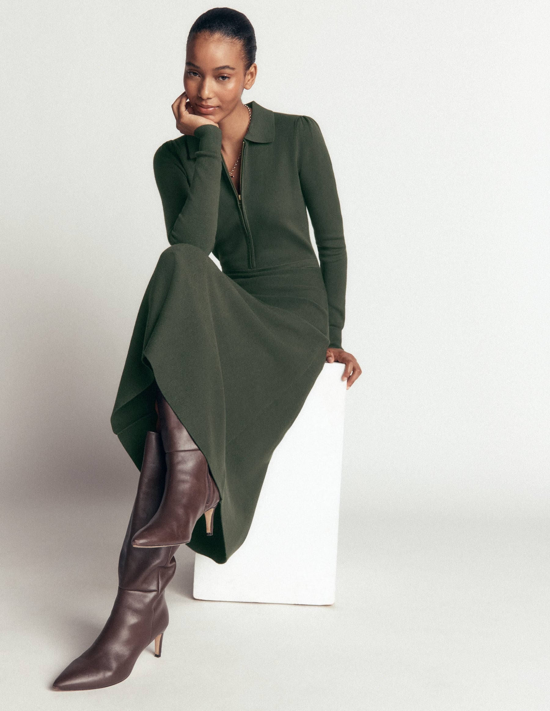 Fiona Zip Front Knitted Dress-Hunter Green