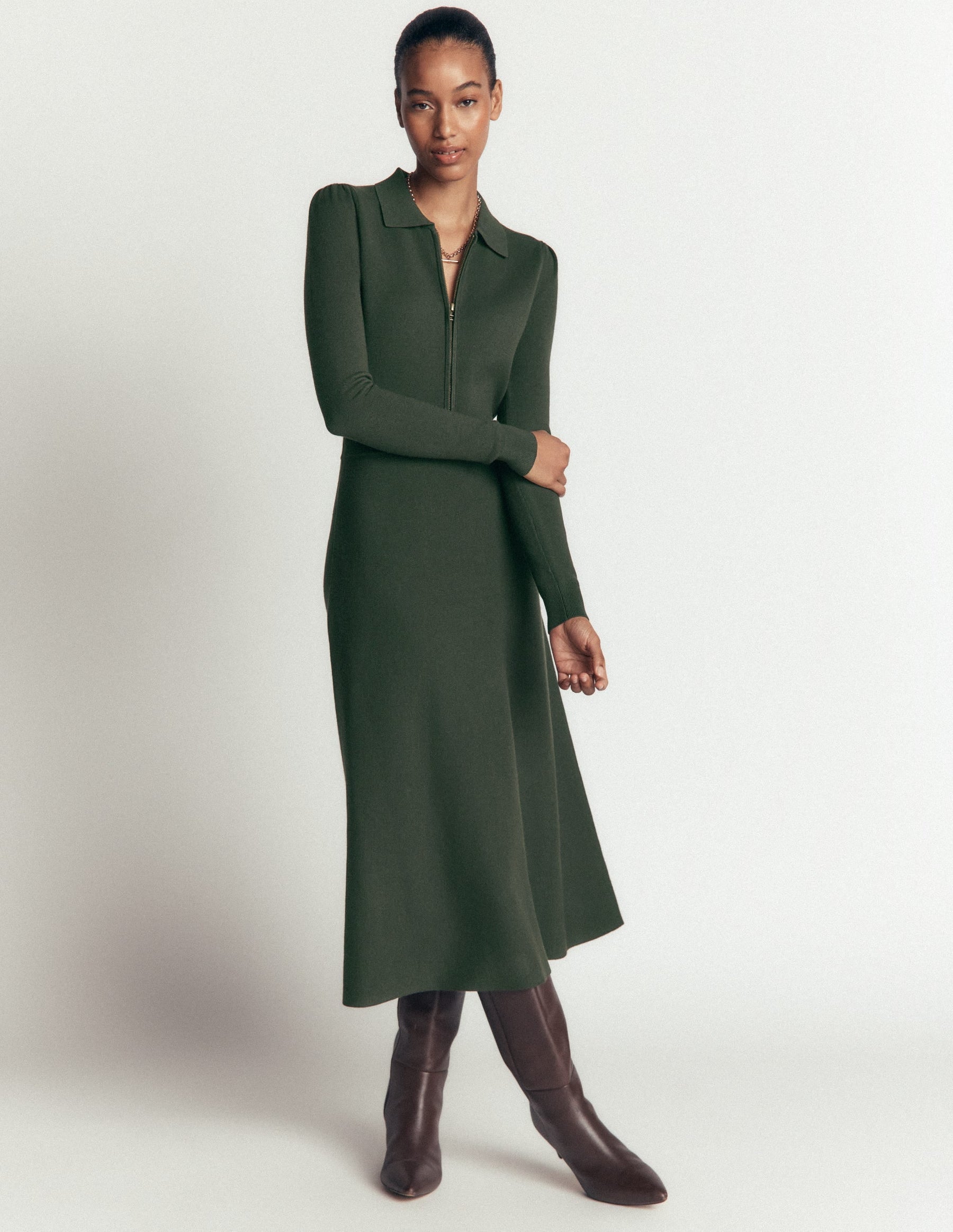 Fiona Zip Front Knitted Dress-Hunter Green