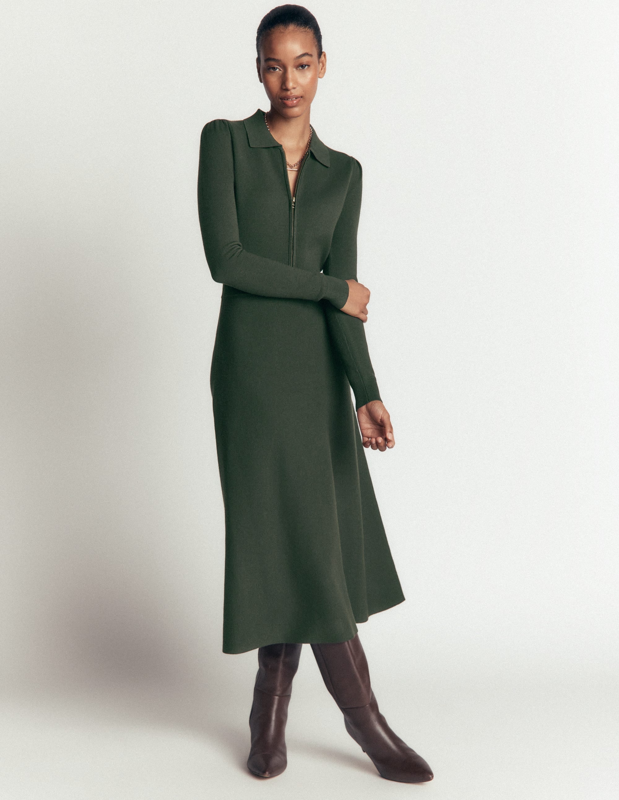 Fiona Zip Front Knitted Dress-Hunter Green