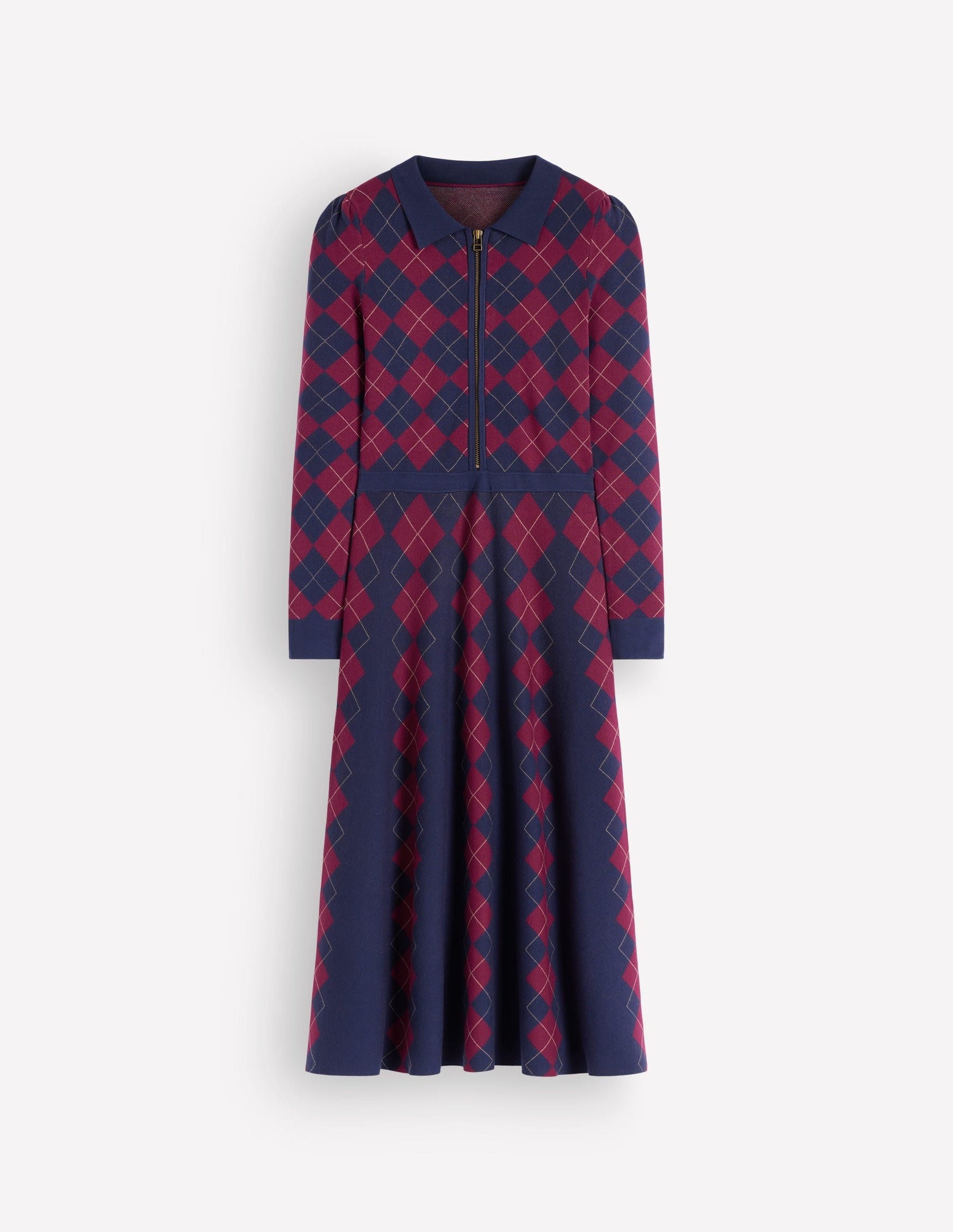 Fiona Zip Front Knitted Dress-Navy and Maroon Argyle