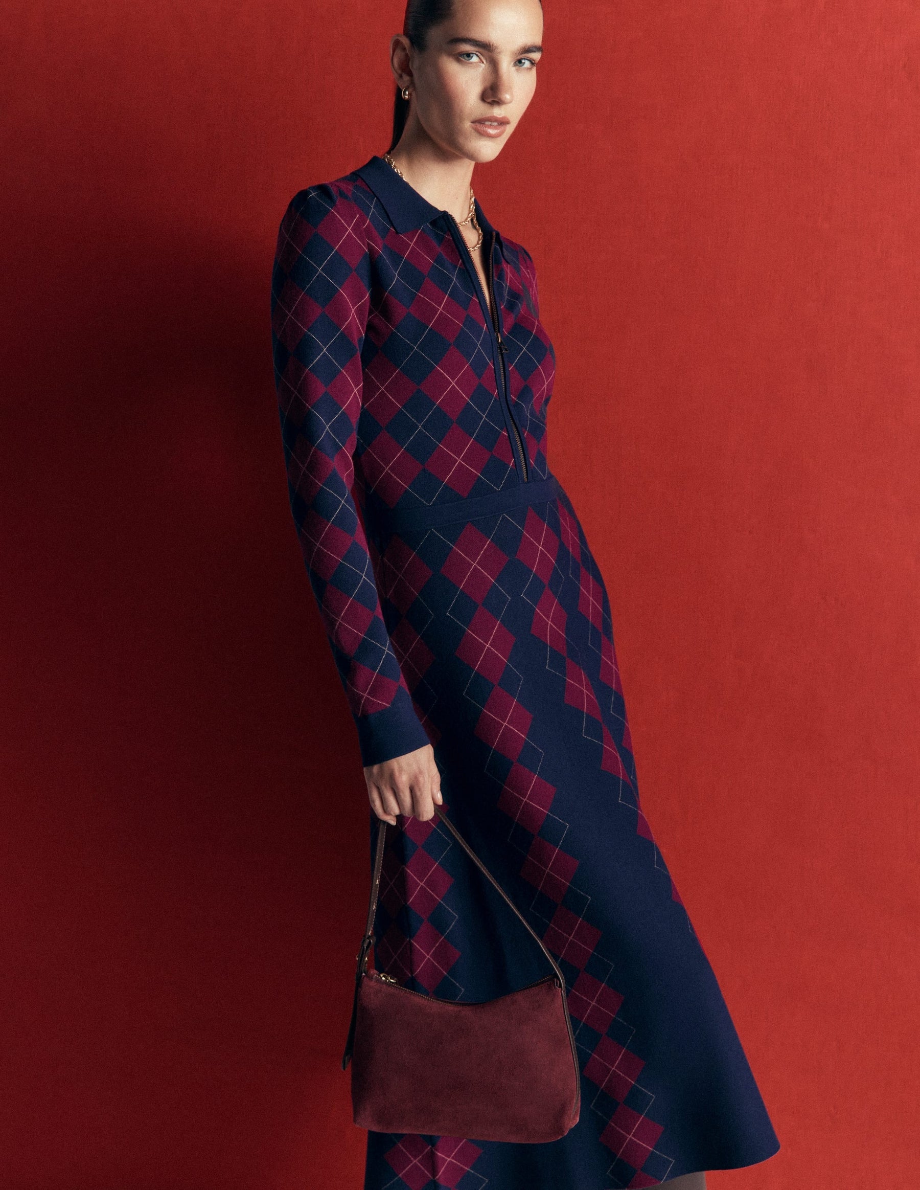 Fiona Zip Front Knitted Dress-Navy and Maroon Argyle