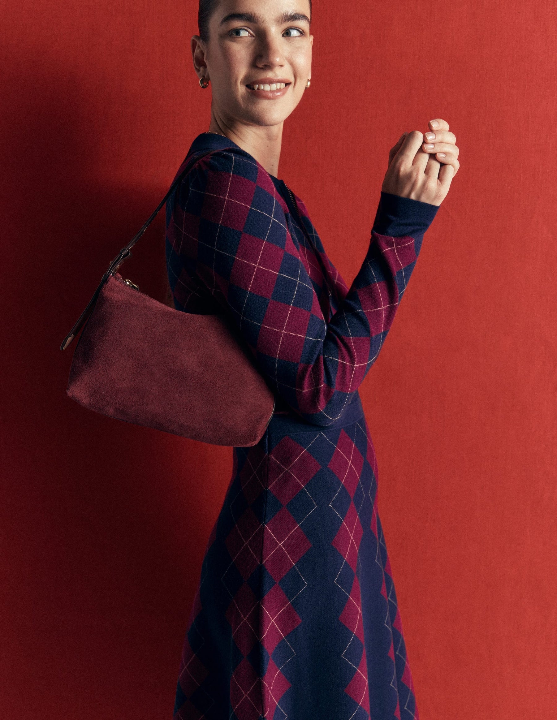 Fiona Zip Front Knitted Dress-Navy and Maroon Argyle