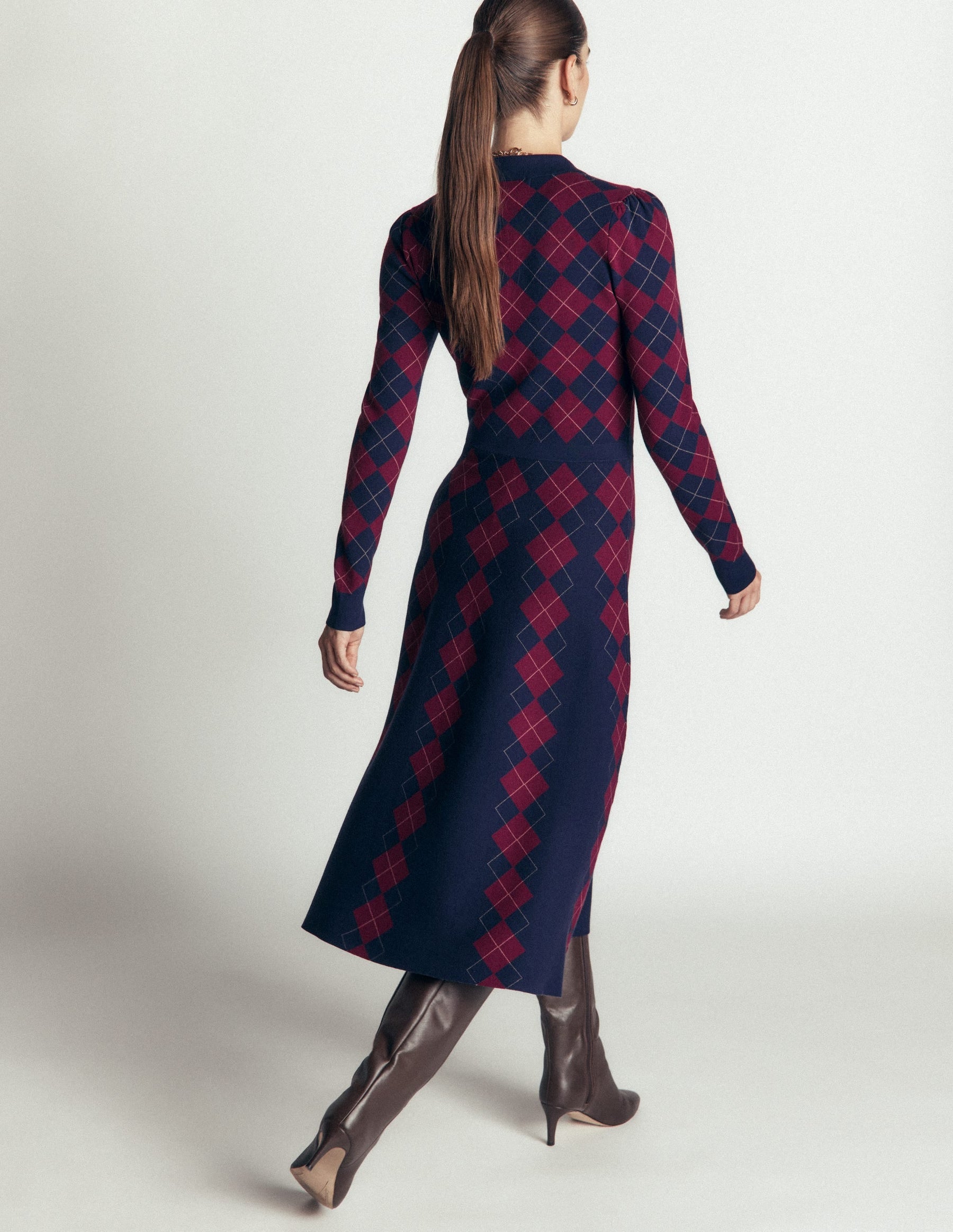 Fiona Zip Front Knitted Dress-Navy and Maroon Argyle