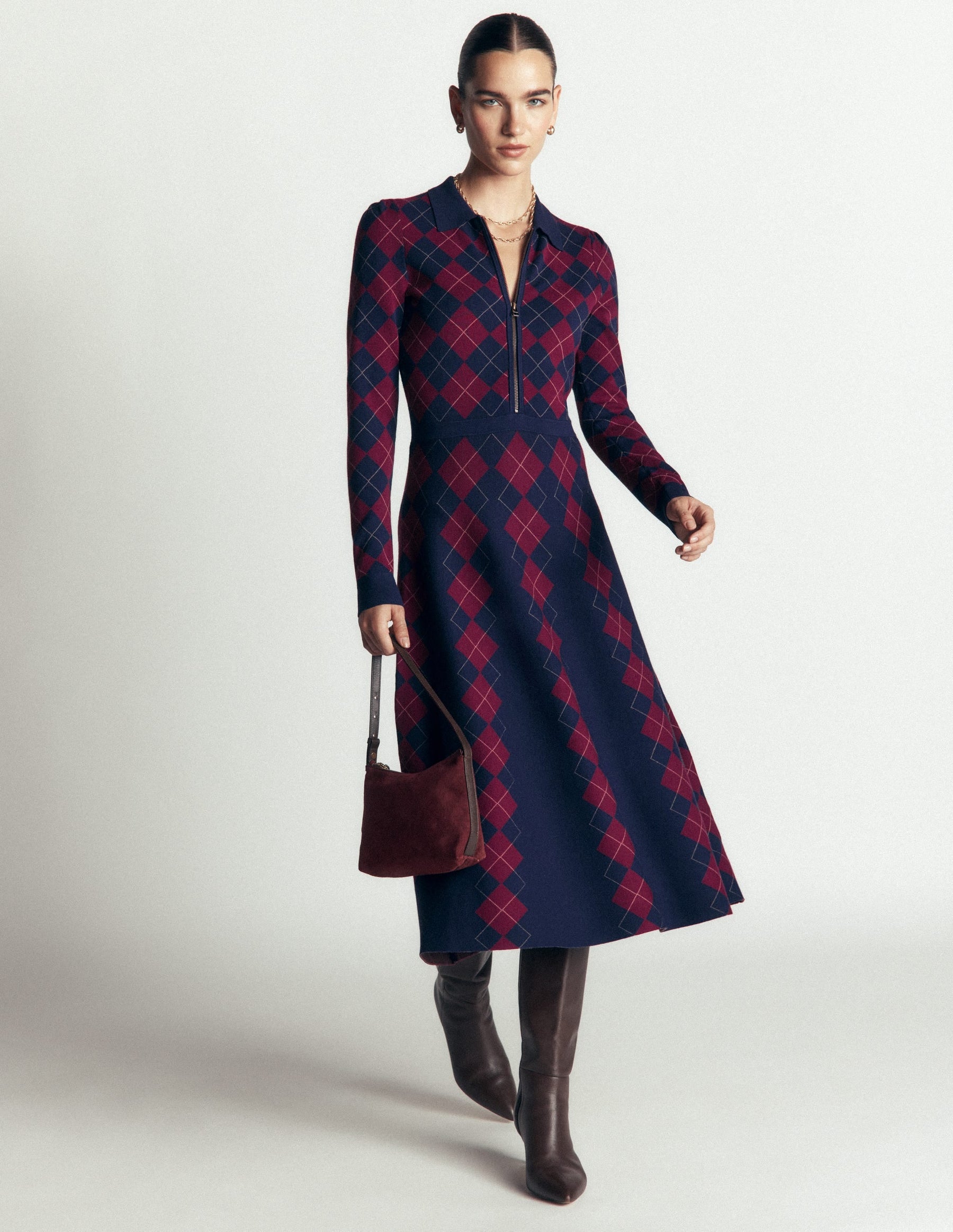 Fiona Zip Front Knitted Dress-Navy and Maroon Argyle