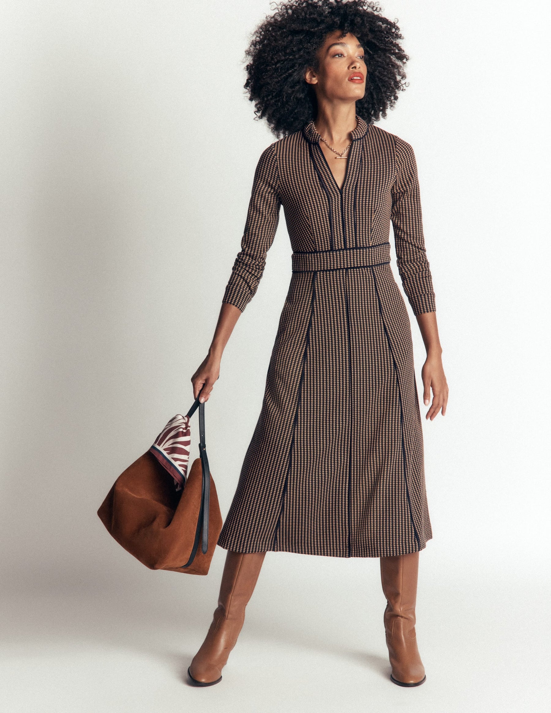 Alex Ponte Contrast Midi Dress-Navy/Camel Texture