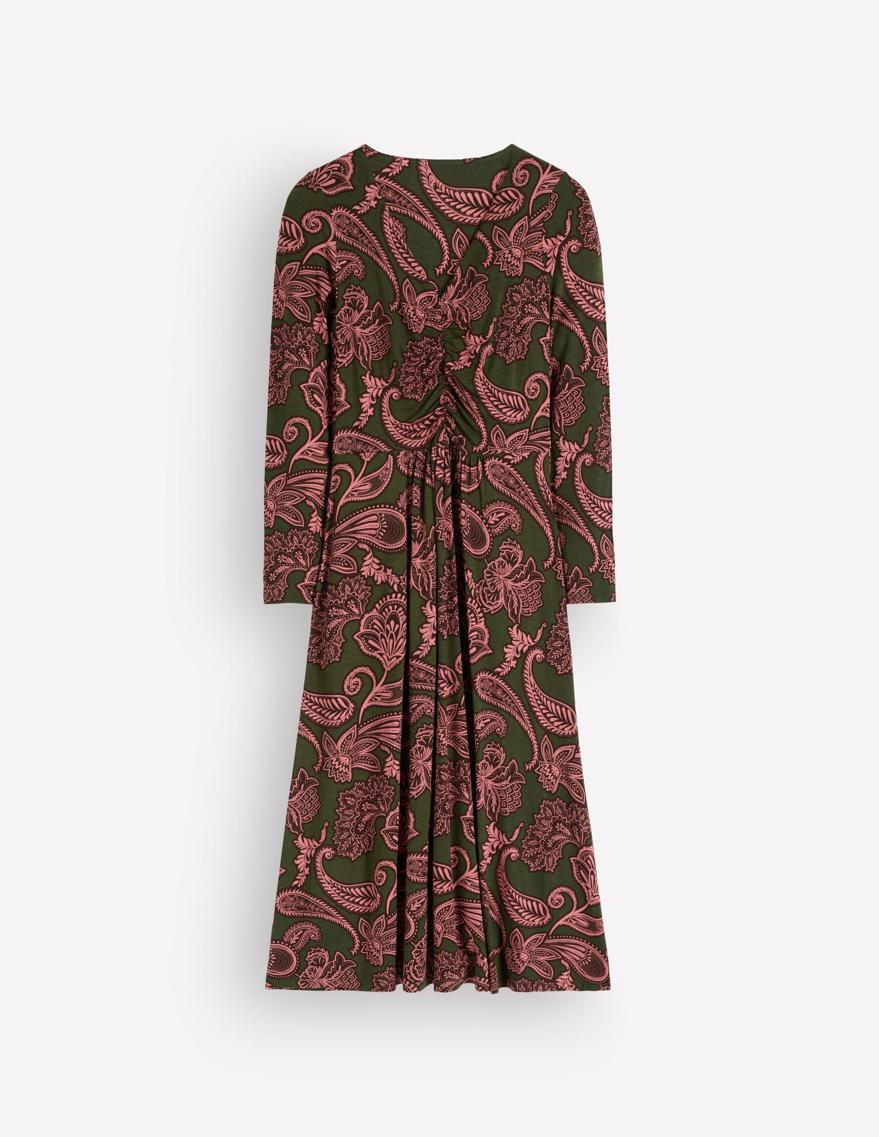 Jasmine Ruched Jersey Dress-Forest Glade, Paisley Bouquet