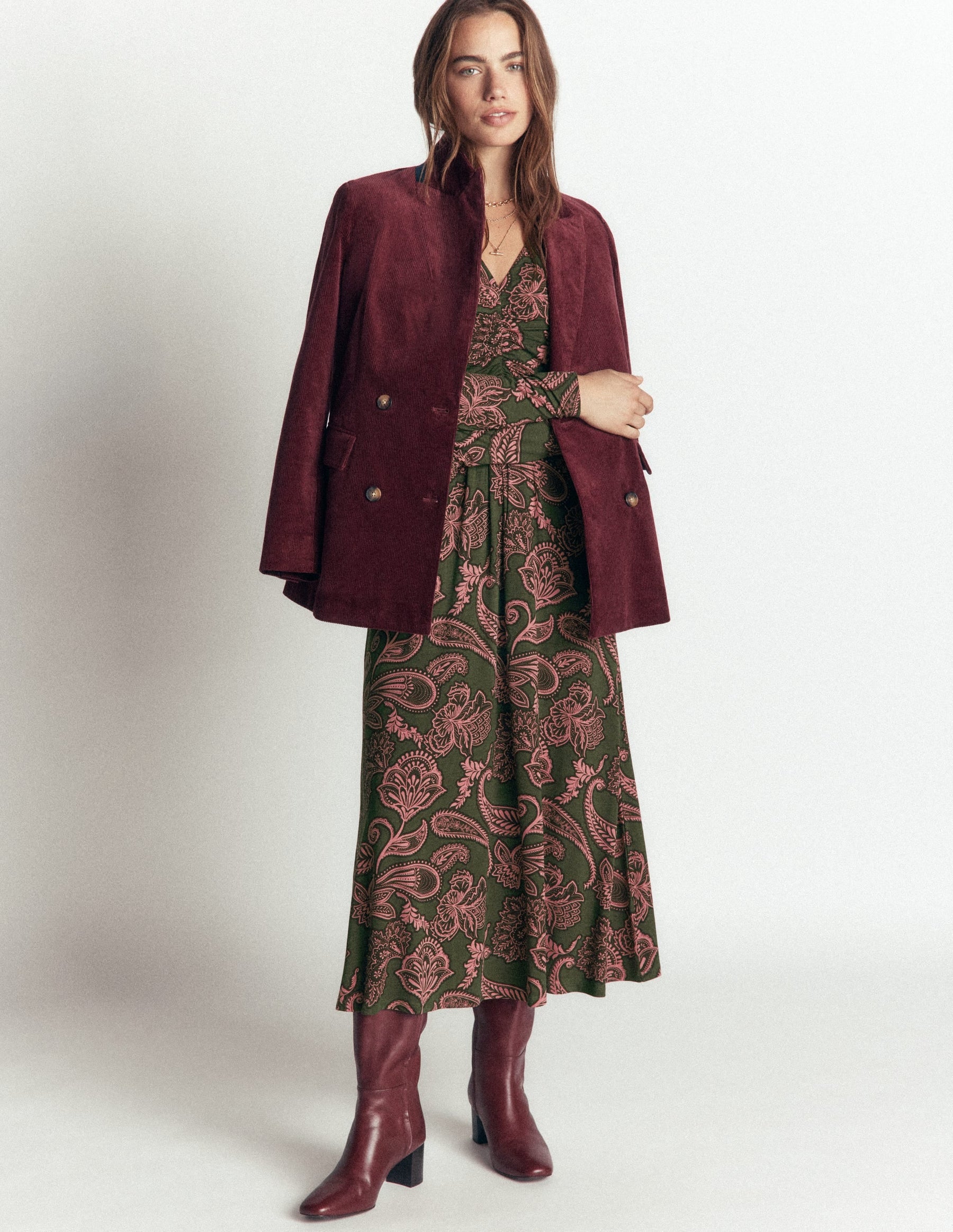 Jasmine Ruched Jersey Dress-Forest Glade, Paisley Bouquet