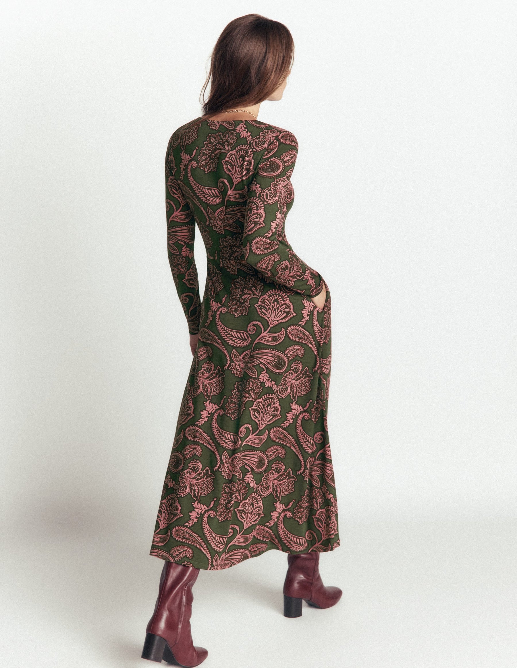 Jasmine Ruched Jersey Dress-Forest Glade, Paisley Bouquet