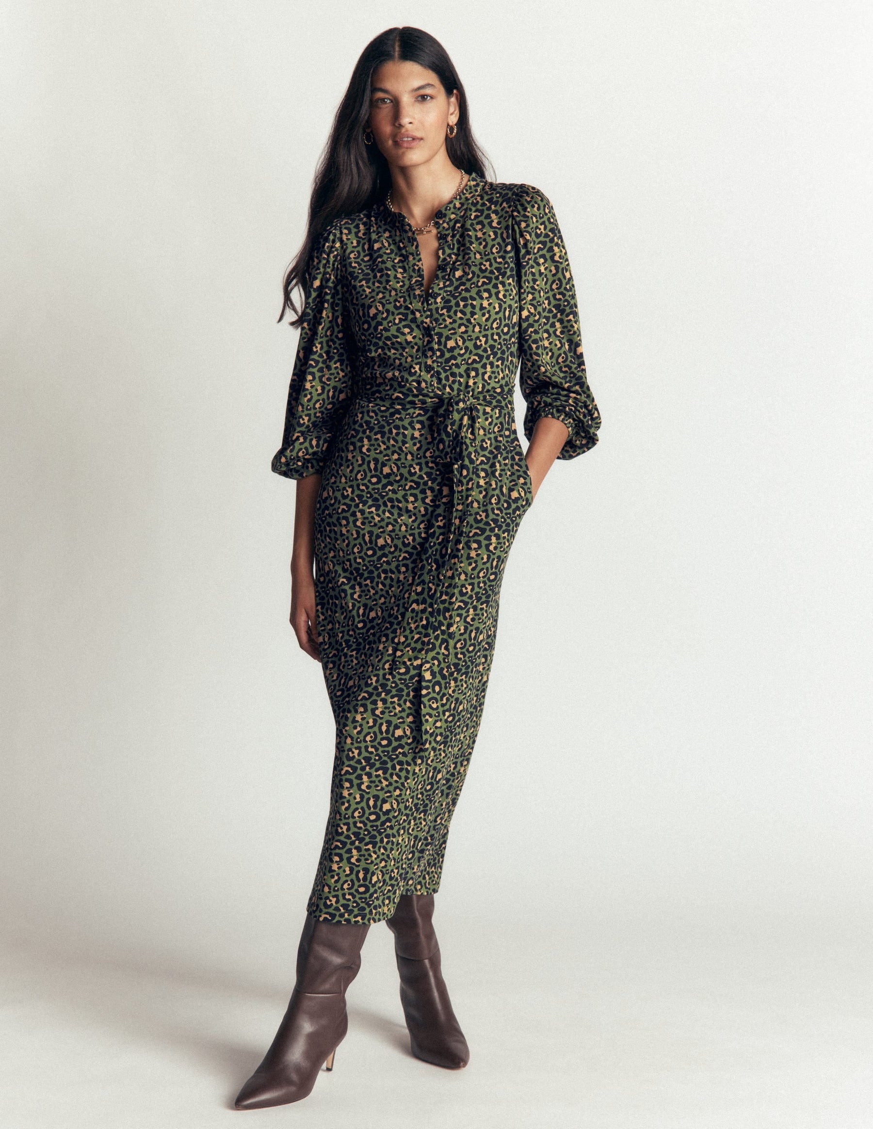 Eli Belted Jersey Midi Dress-Brunswick Green, Leopard