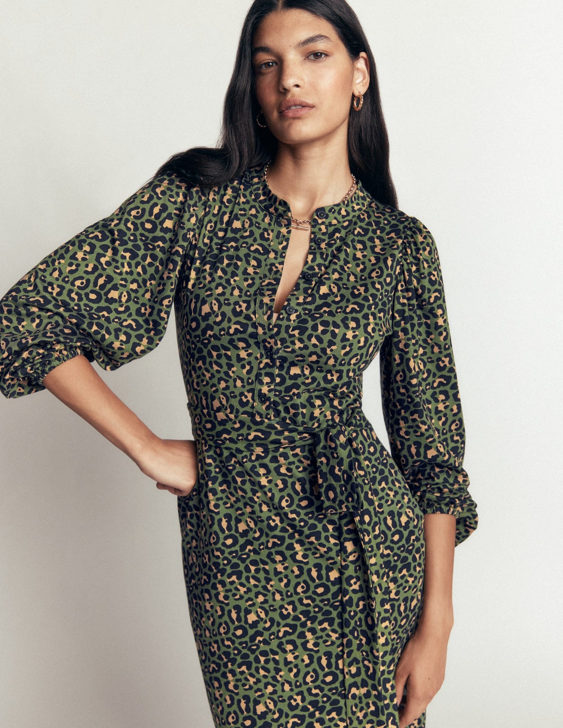 Eli Belted Jersey Midi Dress-Brunswick Green, Leopard