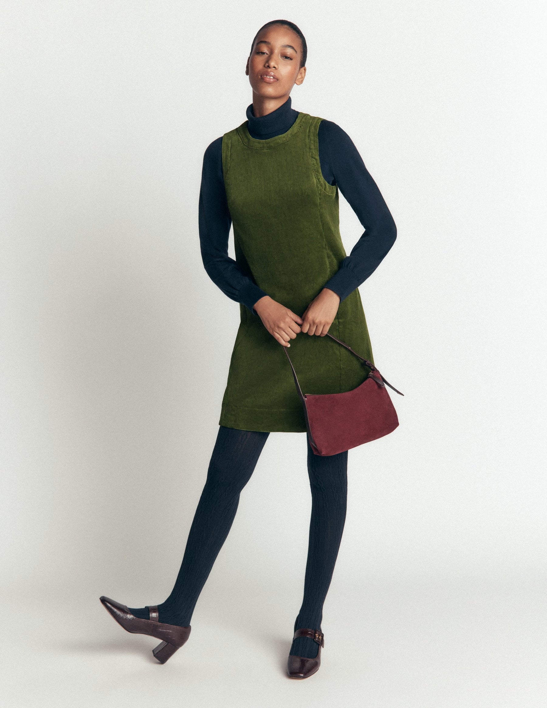 Lou Cord Shift Dress-Forest Green