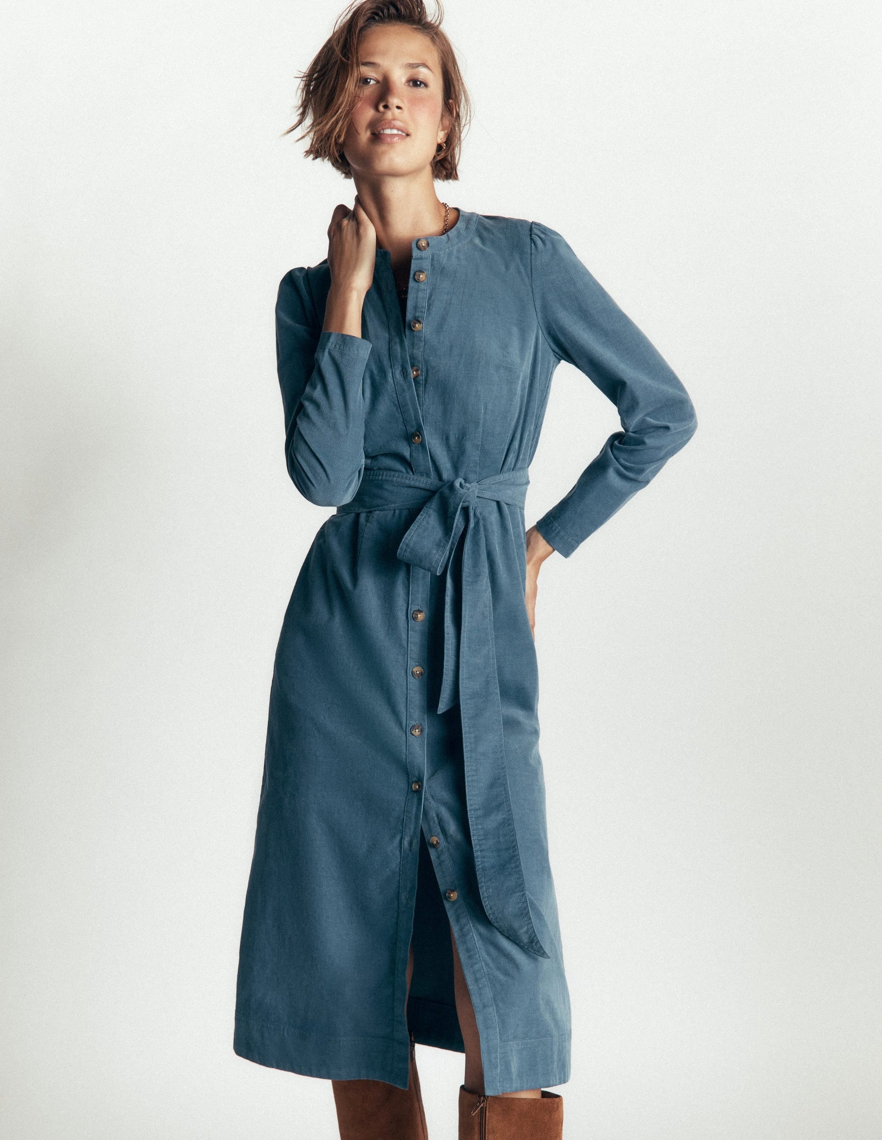 Louise Cord Midi Shirt Dress-Storm Blue
