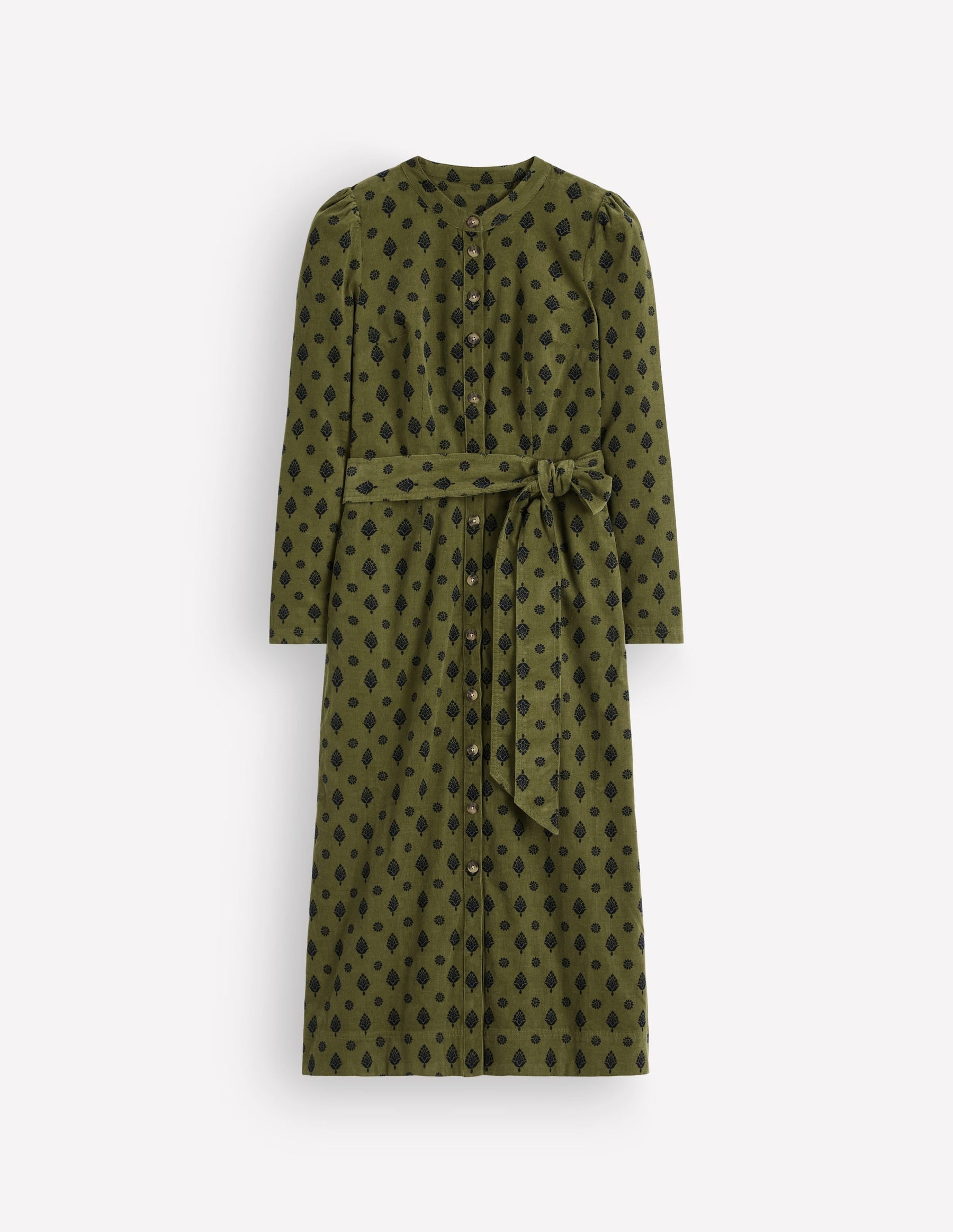 Louise Cord Midi Shirt Dress-Olive, Ornate Gardenia Stamp