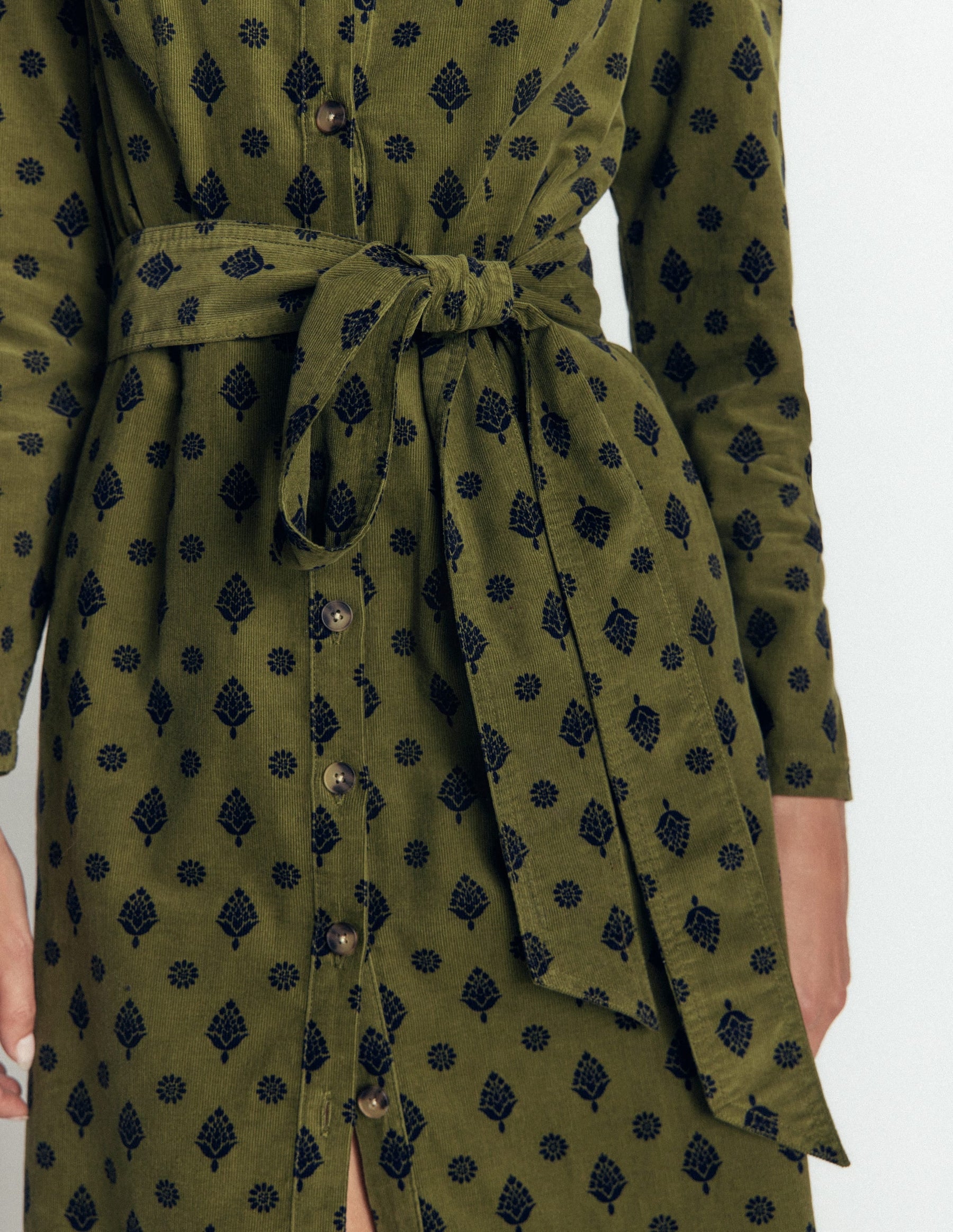 Louise Cord Midi Shirt Dress-Olive, Ornate Gardenia Stamp