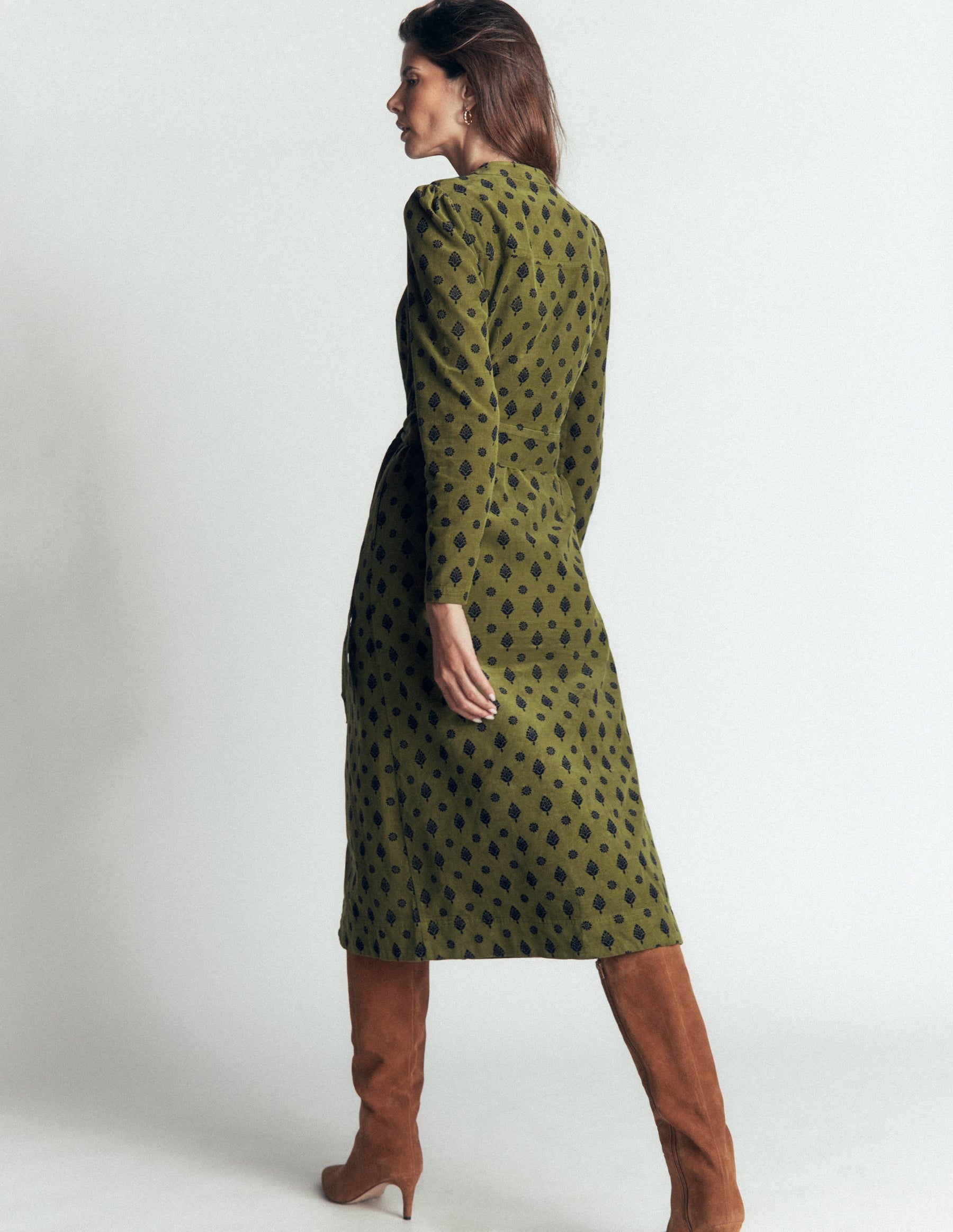 Louise Cord Midi Shirt Dress-Olive, Ornate Gardenia Stamp