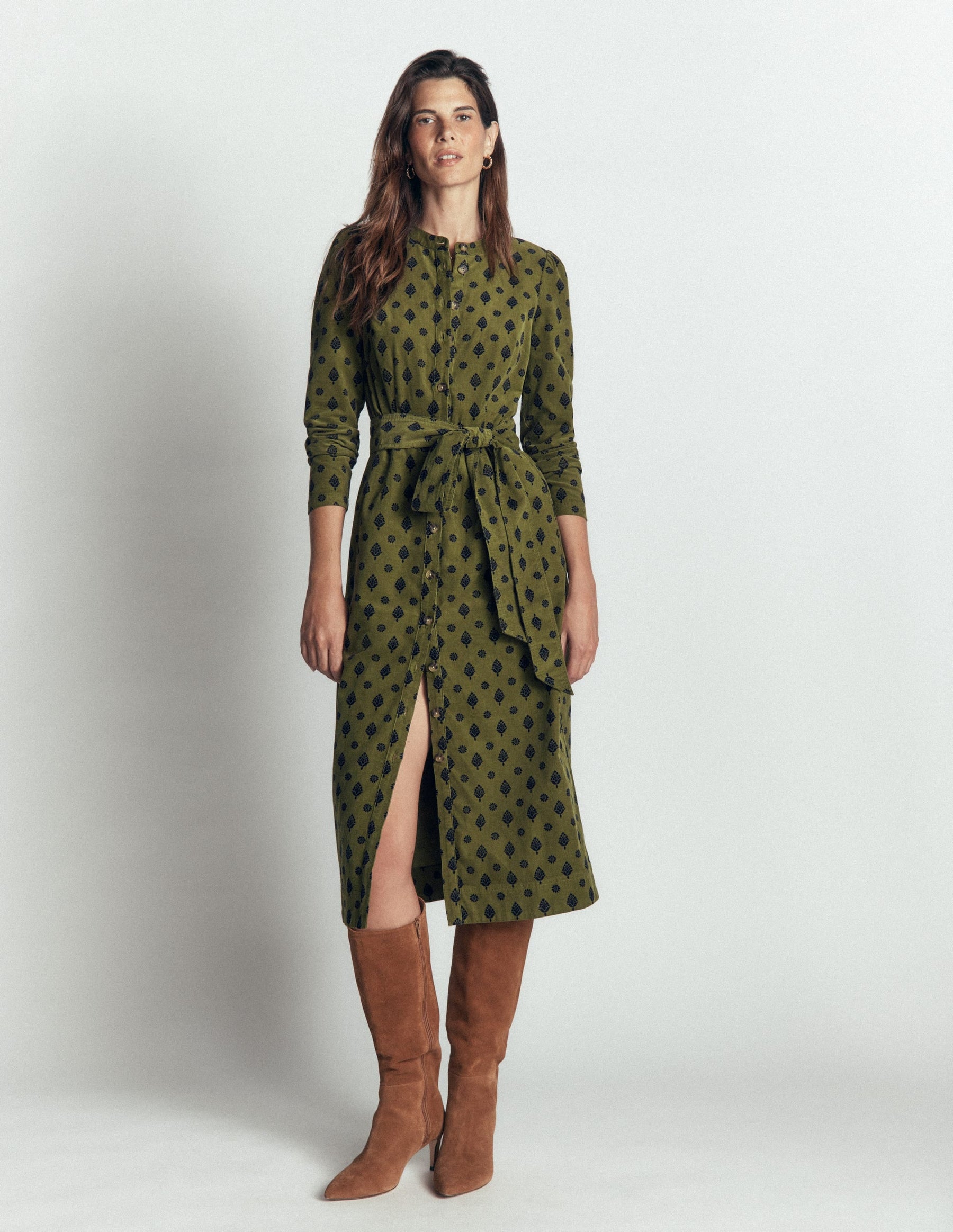 Louise Cord Midi Shirt Dress-Olive, Ornate Gardenia Stamp