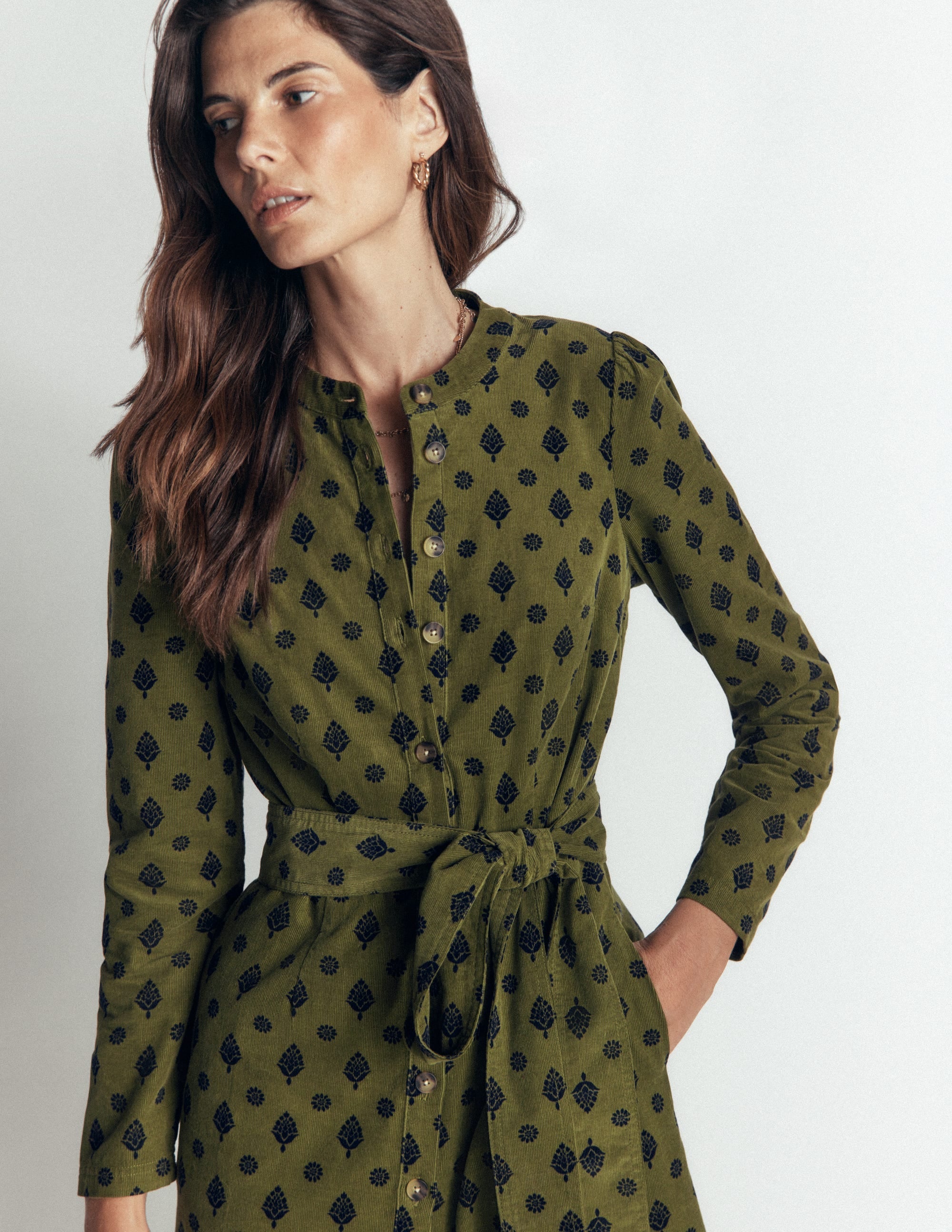 Louise Cord Midi Shirt Dress-Olive, Ornate Gardenia Stamp