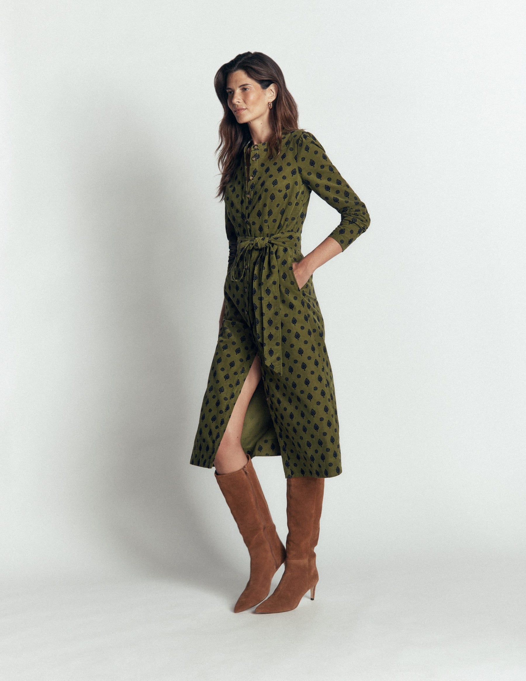 Louise Cord Midi Shirt Dress-Olive, Ornate Gardenia Stamp