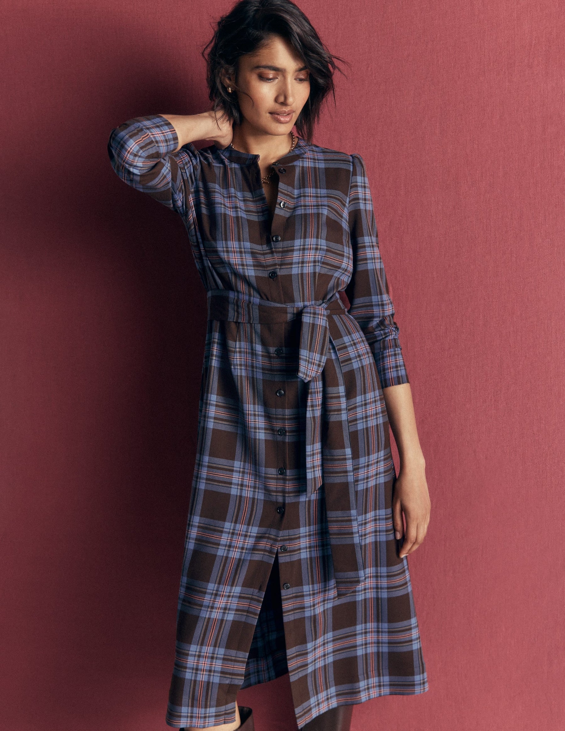 Louise Check Midi Shirt Dress-Brown, Blue and Pink Check