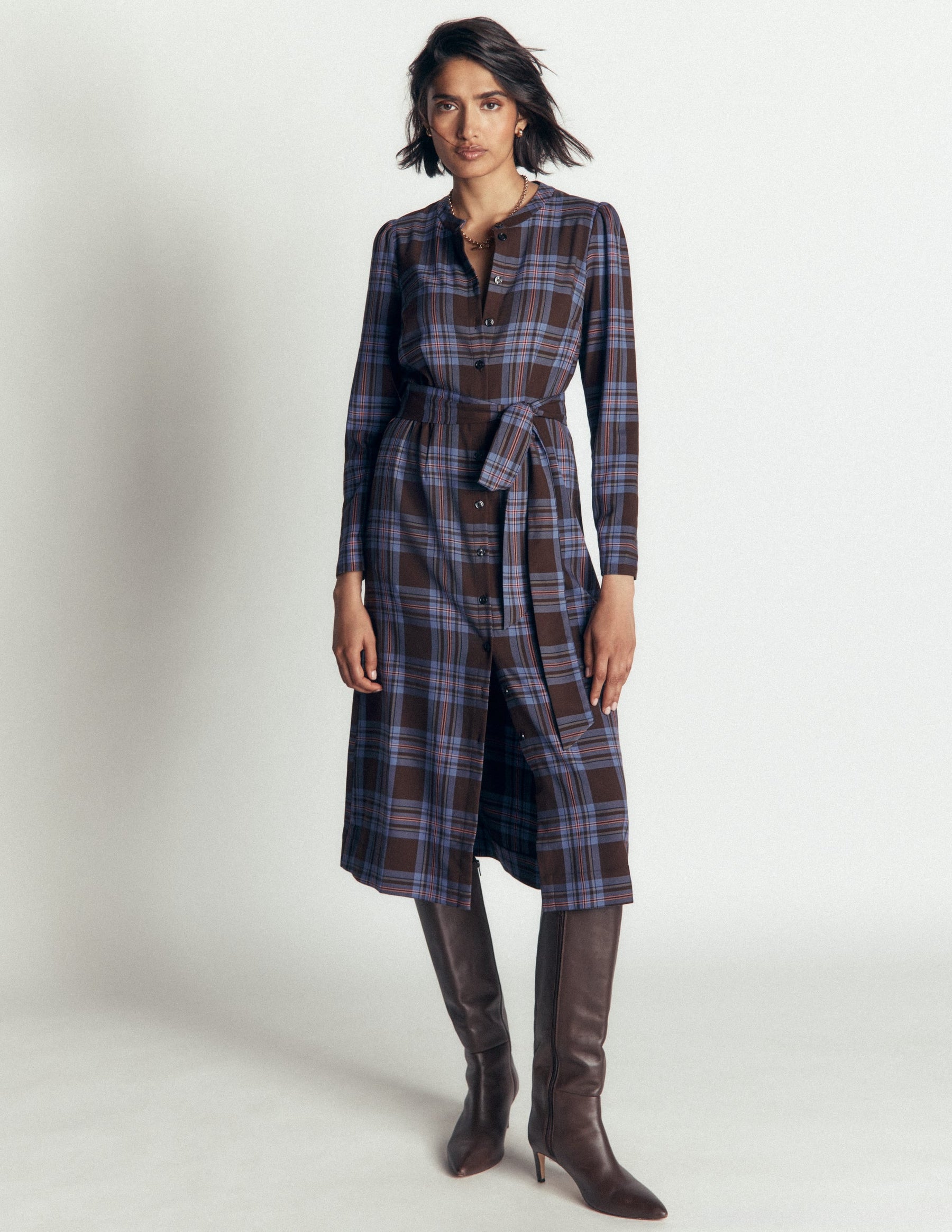 Louise Check Midi Shirt Dress-Brown, Blue and Pink Check