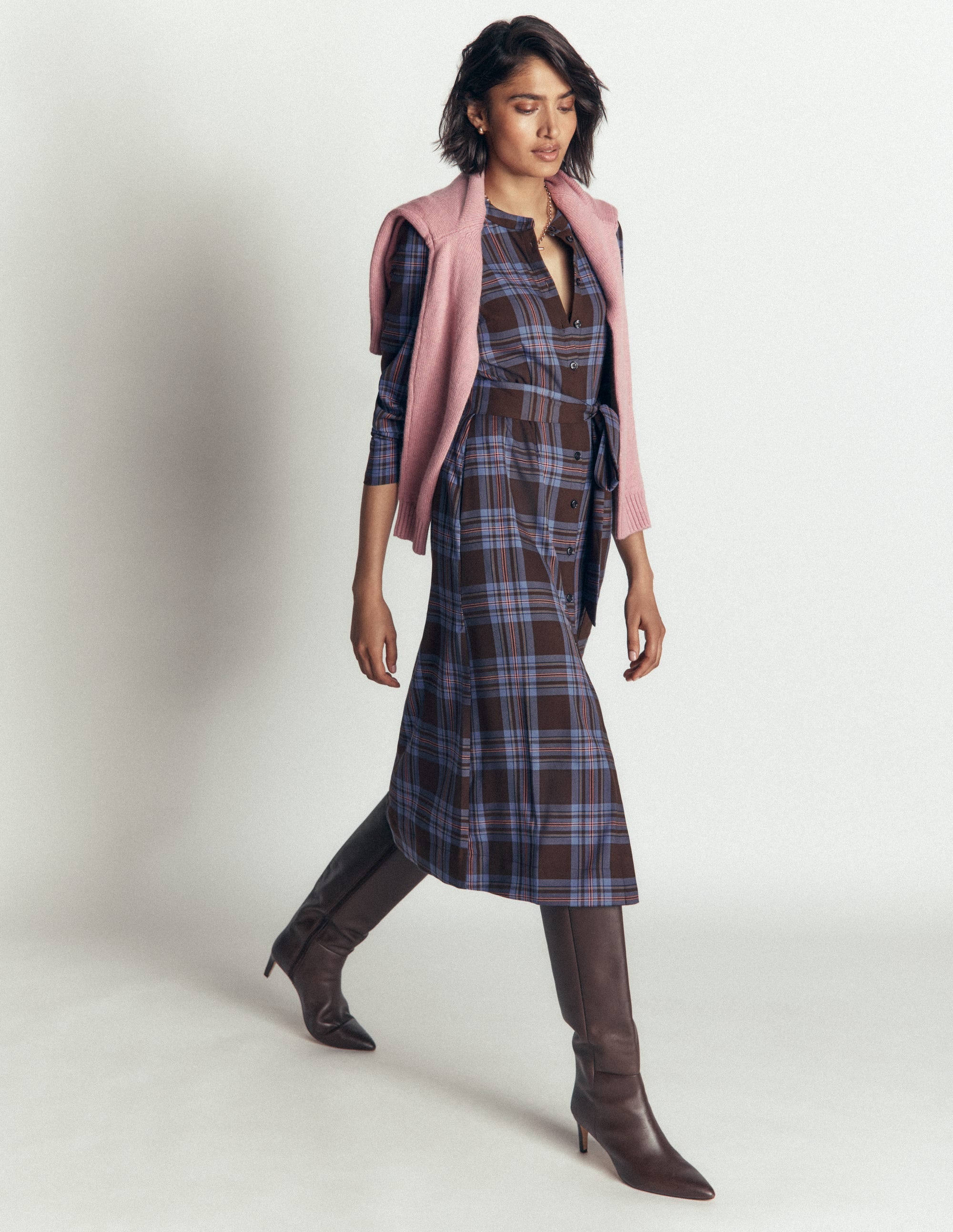 Louise Check Midi Shirt Dress-Brown, Blue and Pink Check