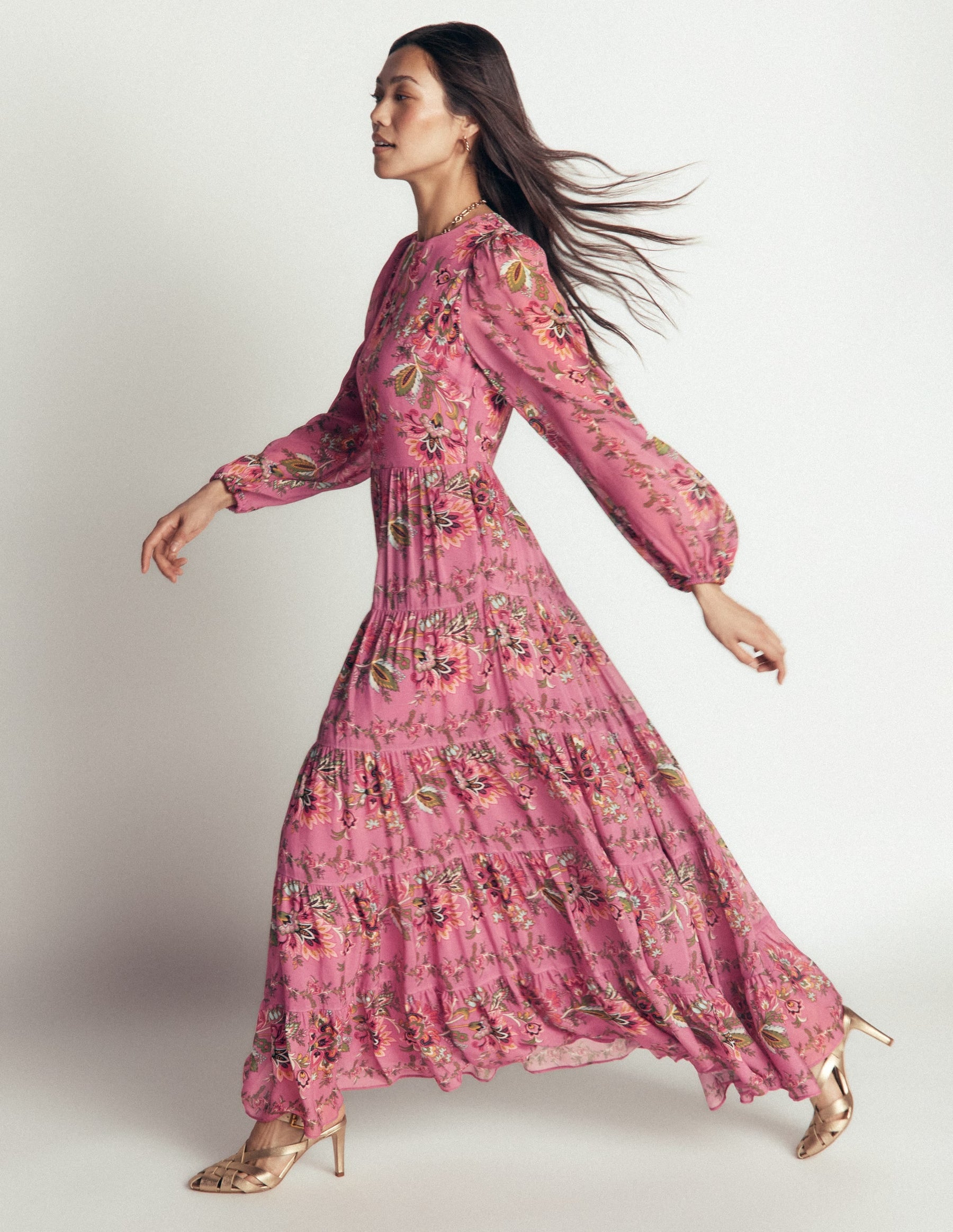 Multi Tiered Maxi Dress-Pink Heather, Frosted Flora