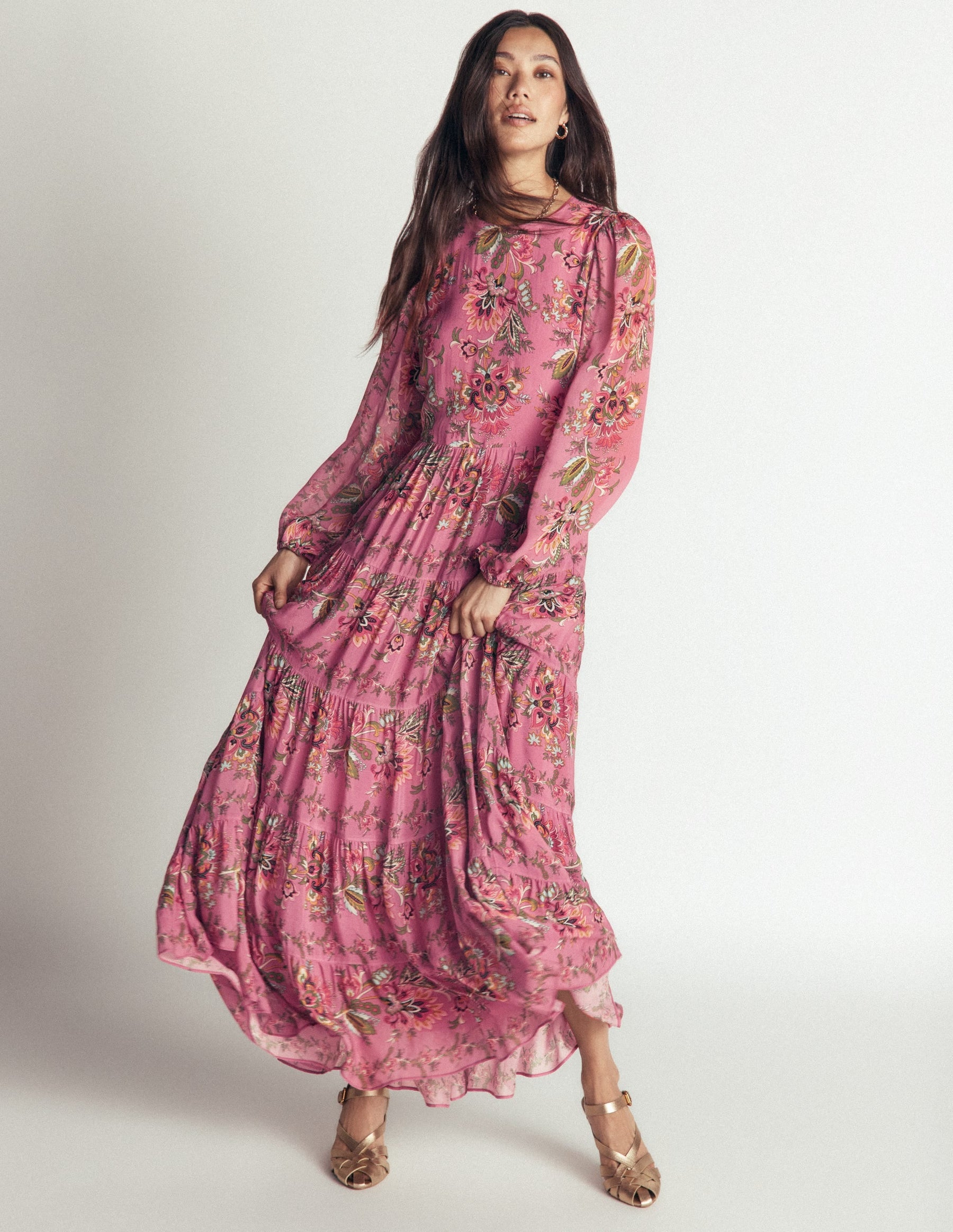 Multi Tiered Maxi Dress-Pink Heather, Frosted Flora