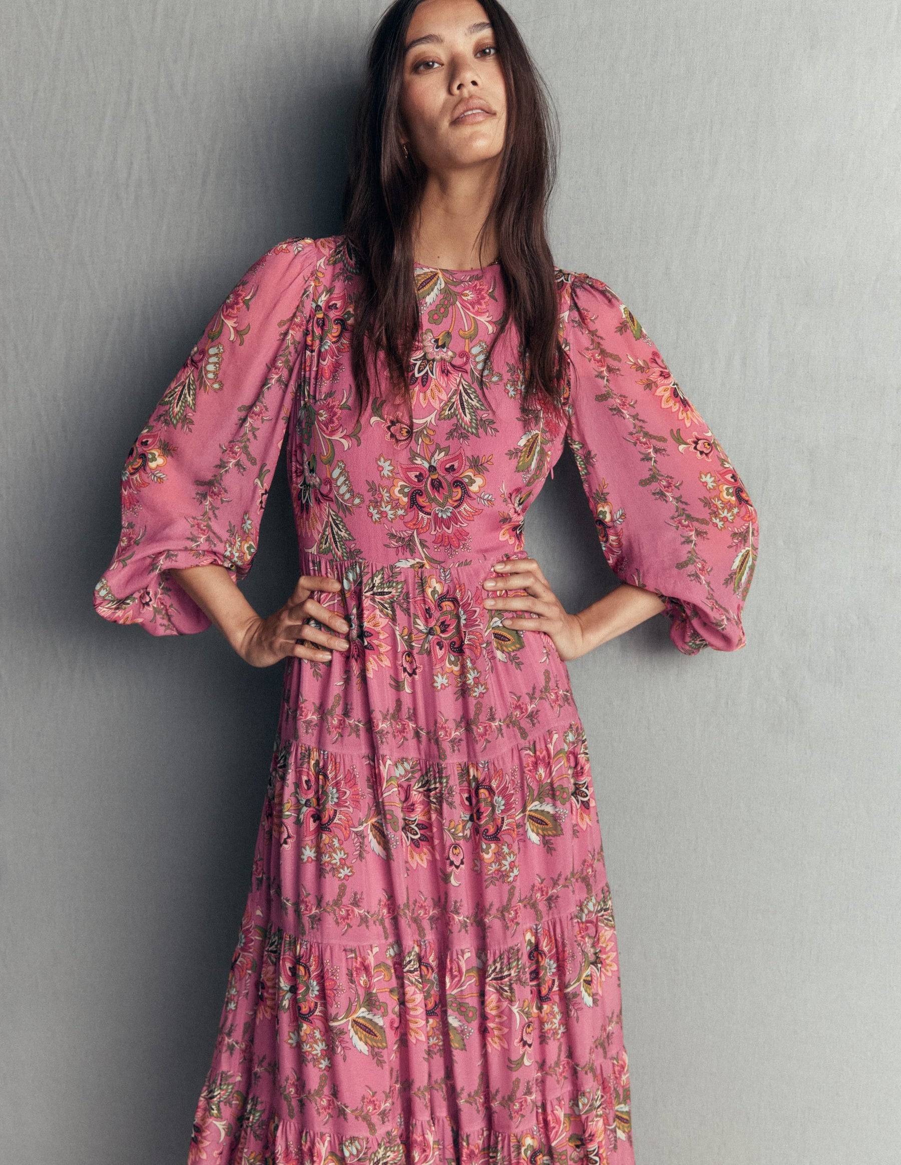 Multi Tiered Maxi Dress-Pink Heather, Frosted Flora