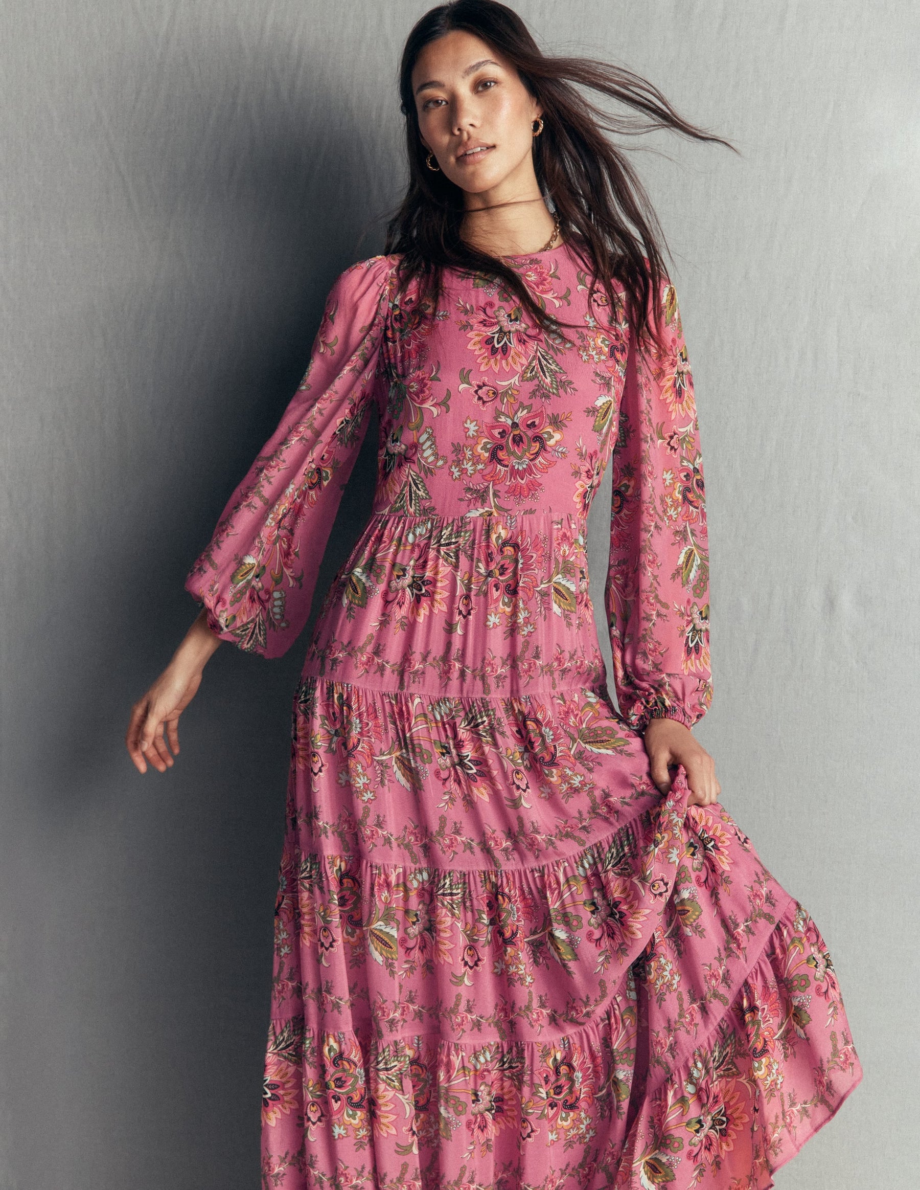 Multi Tiered Maxi Dress-Pink Heather, Frosted Flora