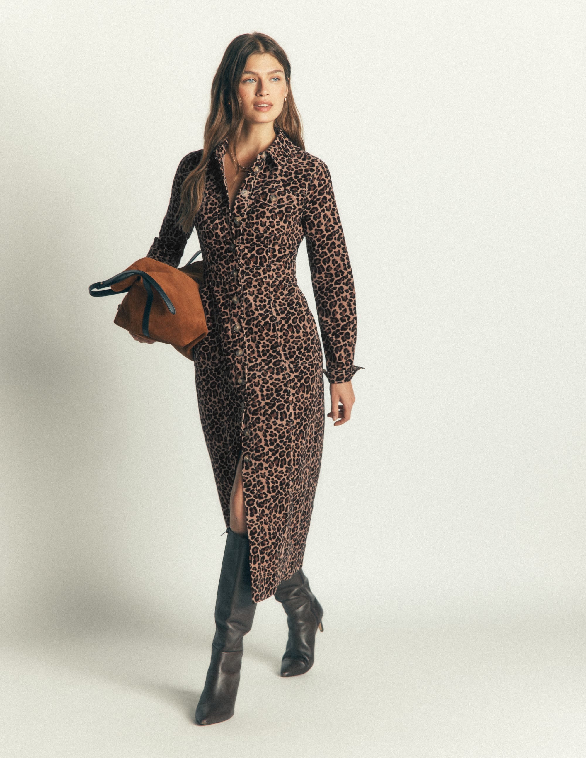 Fleur Cord Midi Dress-Brown, Leopard Fields