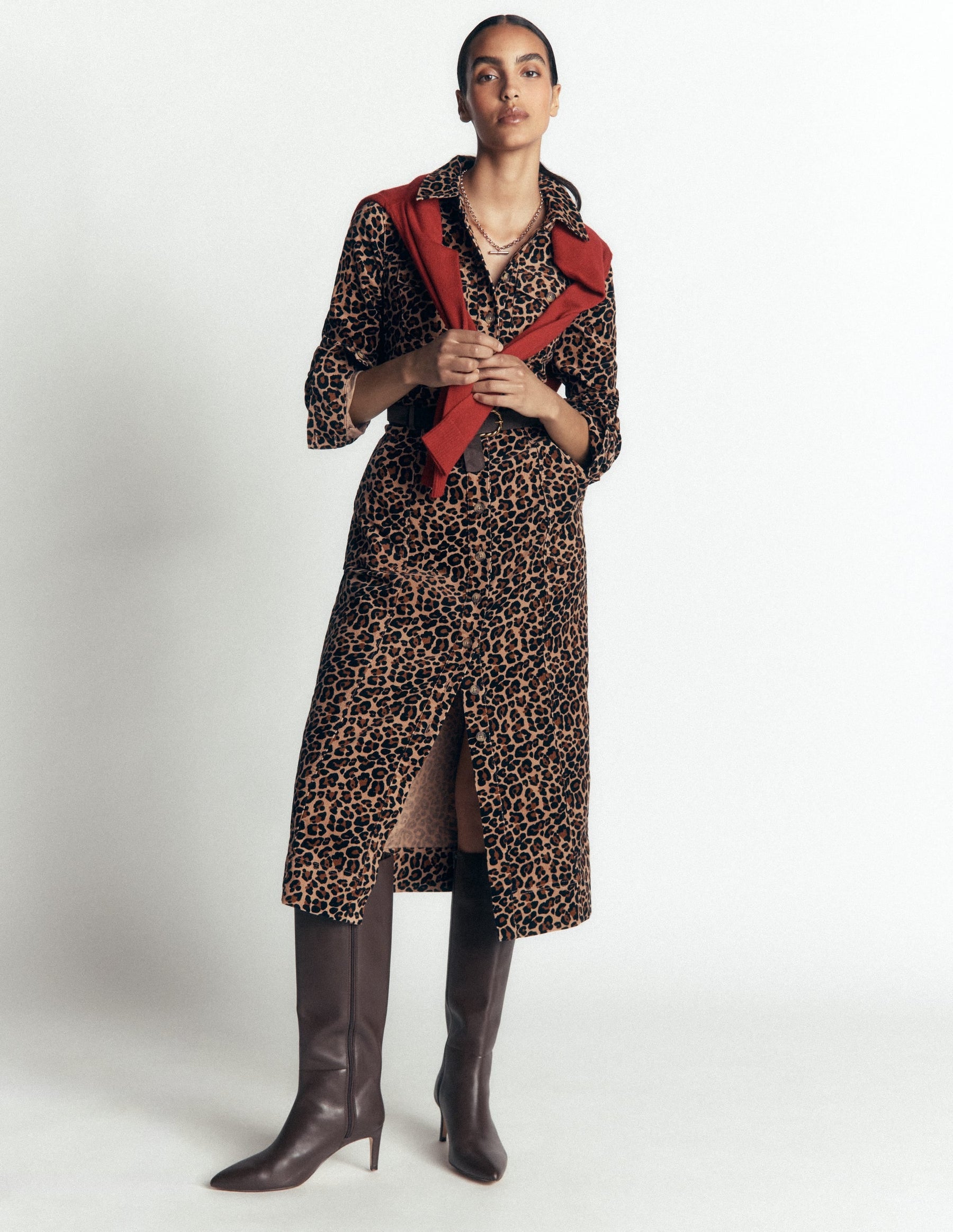 Fleur Cord Midi Dress-Brown, Leopard Fields