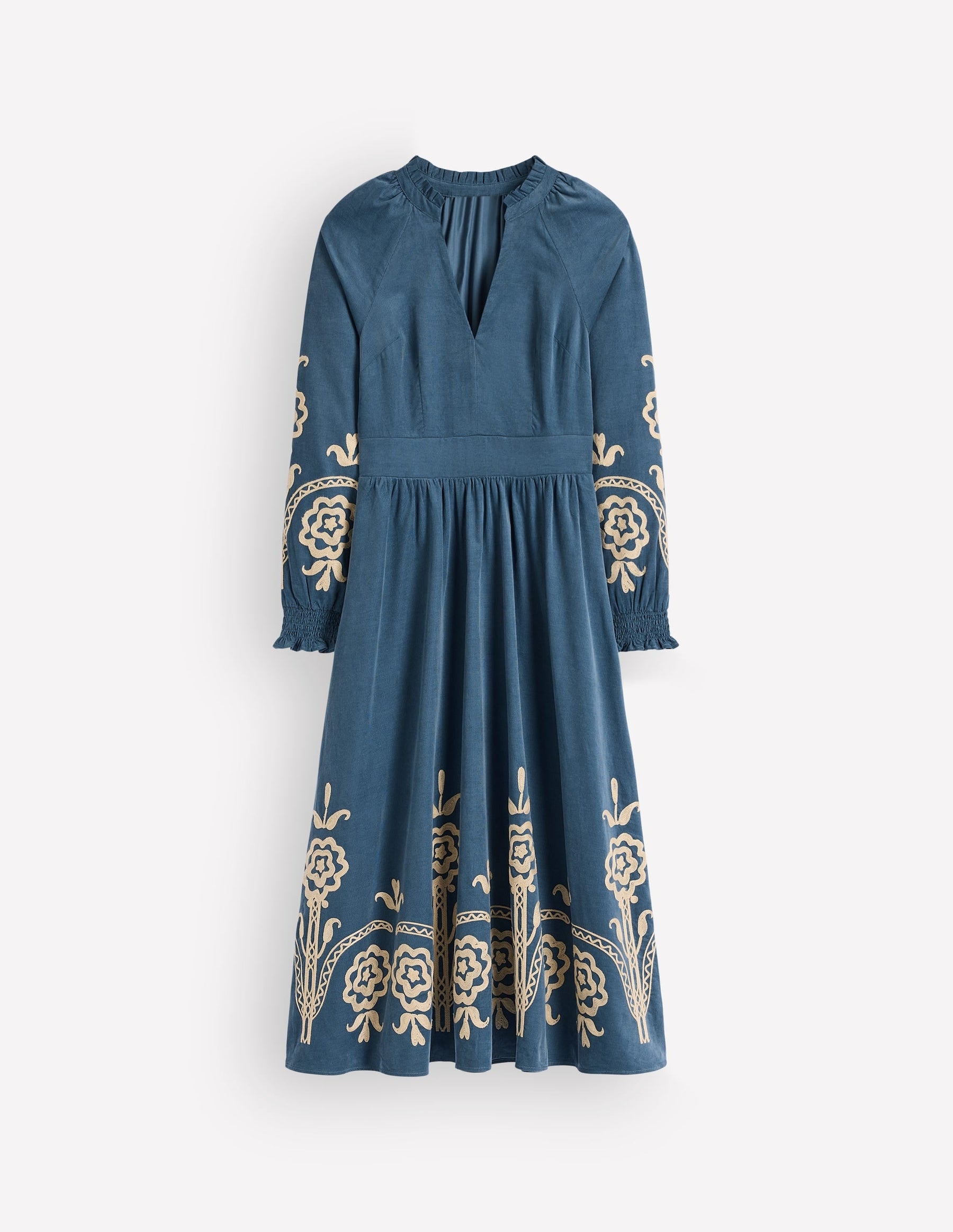 Smocked Cord Midi Dress-Storm Blue, Embroidery